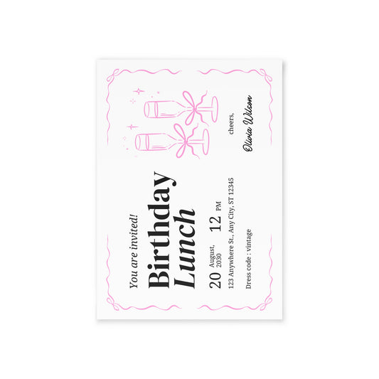 Birthday Lunch Invitation Card — Pink Champagne Toast Two-Sided Holiday Card