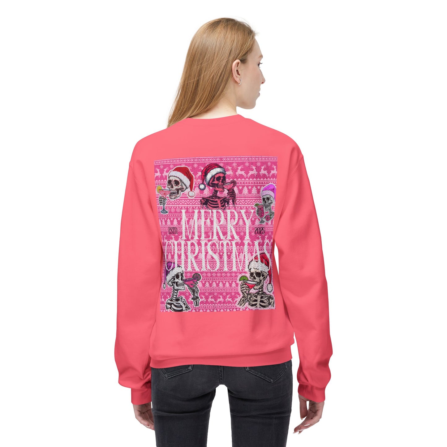 Christmas Skeleton Crewneck Sweatshirt — 'Merry Christmas' Pink Holiday Design