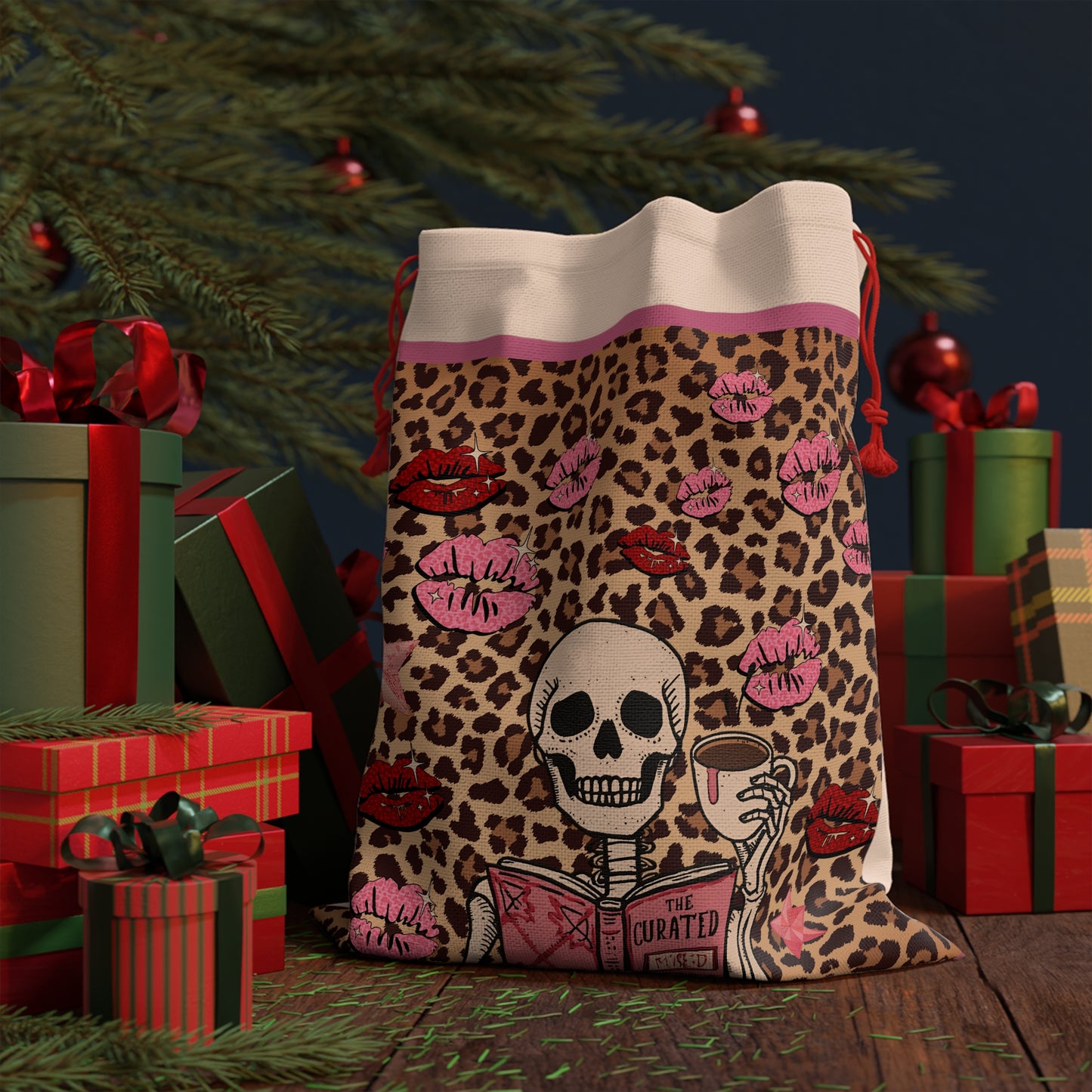 Drawstring Gift Bag — Chic leopard print Skeleton w coffee, pink gift bag