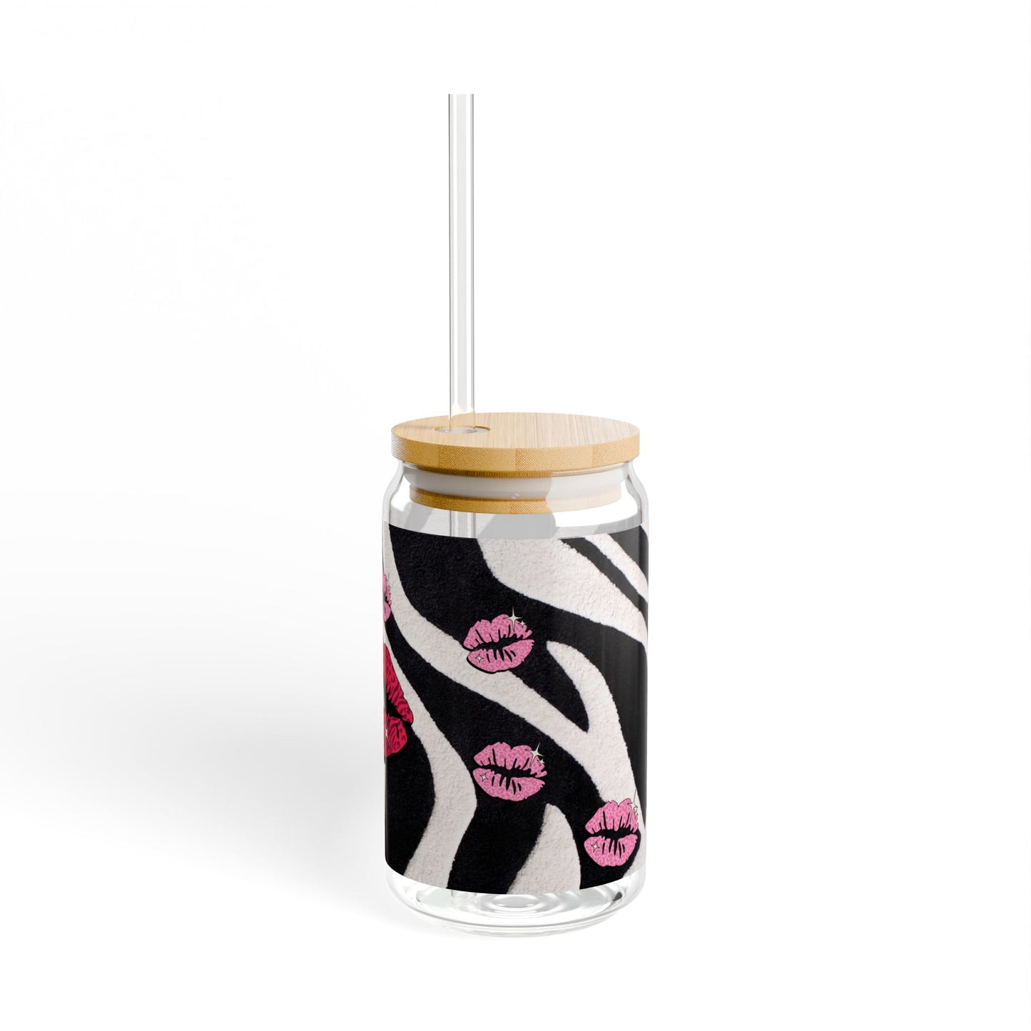 16oz pretty Sipper Glass with Zebra Print & Pink Lip Kiss Design