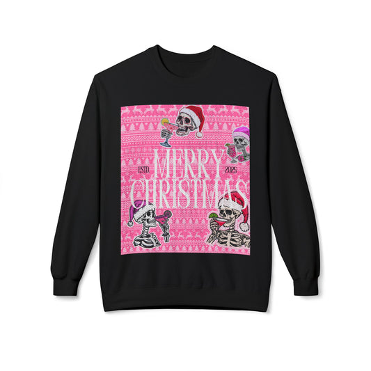 Christmas Skeleton Crewneck Sweatshirt — 'Merry Christmas' Pink Holiday Design