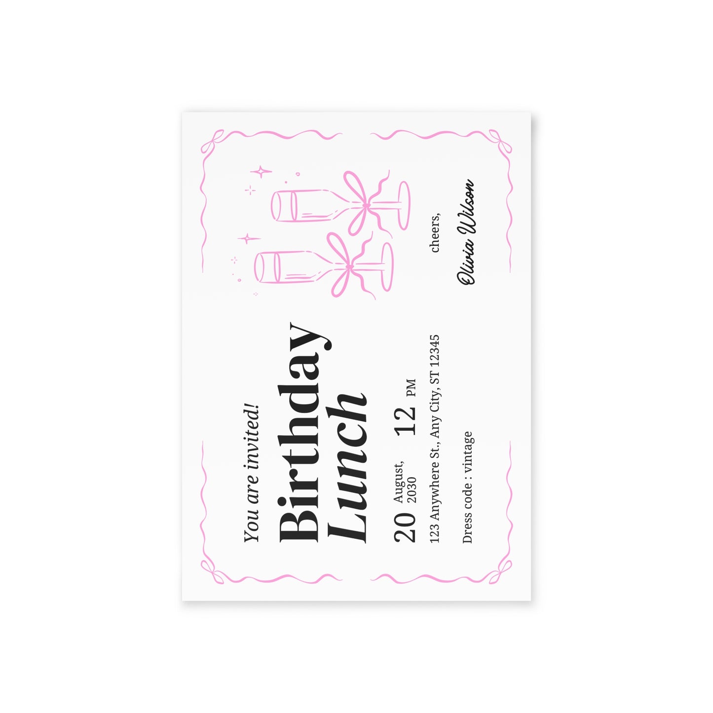 Birthday Lunch Invitation Card — Pink Champagne Toast Two-Sided Holiday Card