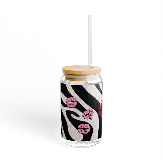 16oz pretty Sipper Glass with Zebra Print & Pink Lip Kiss Design