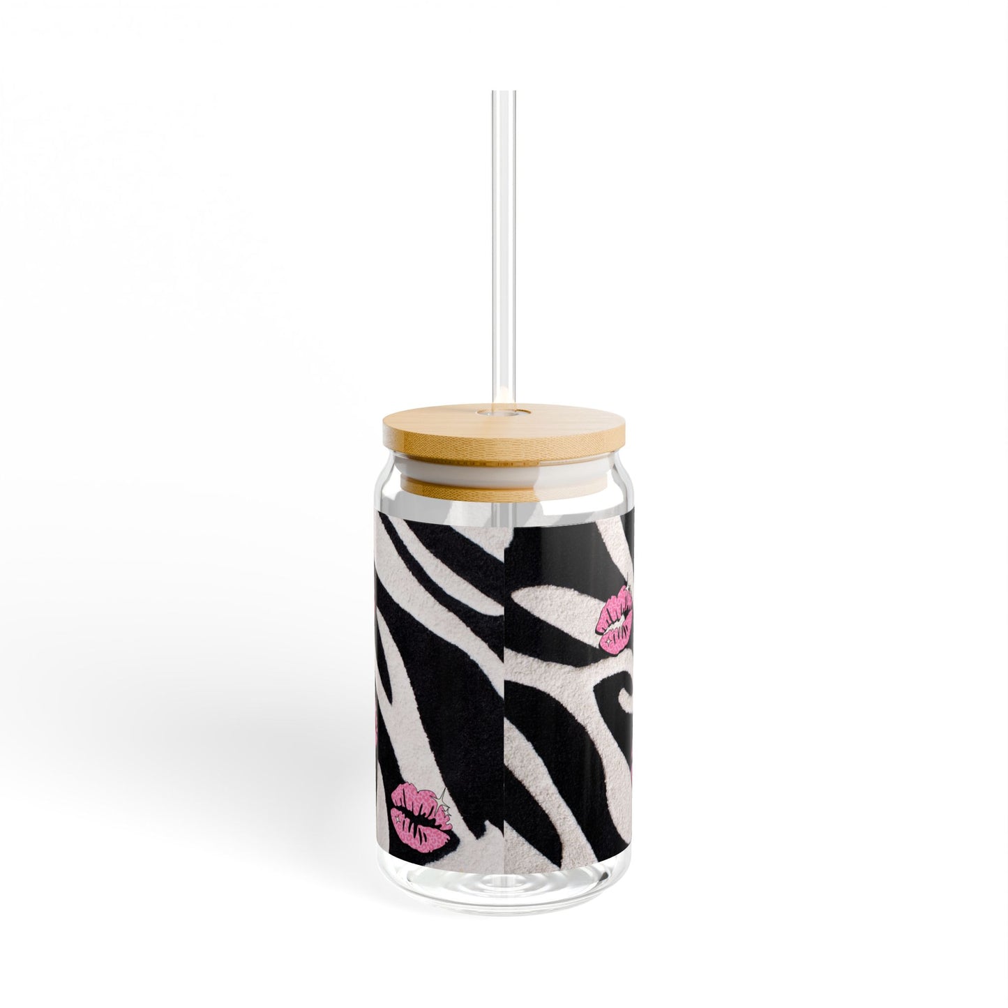 16oz pretty Sipper Glass with Zebra Print & Pink Lip Kiss Design
