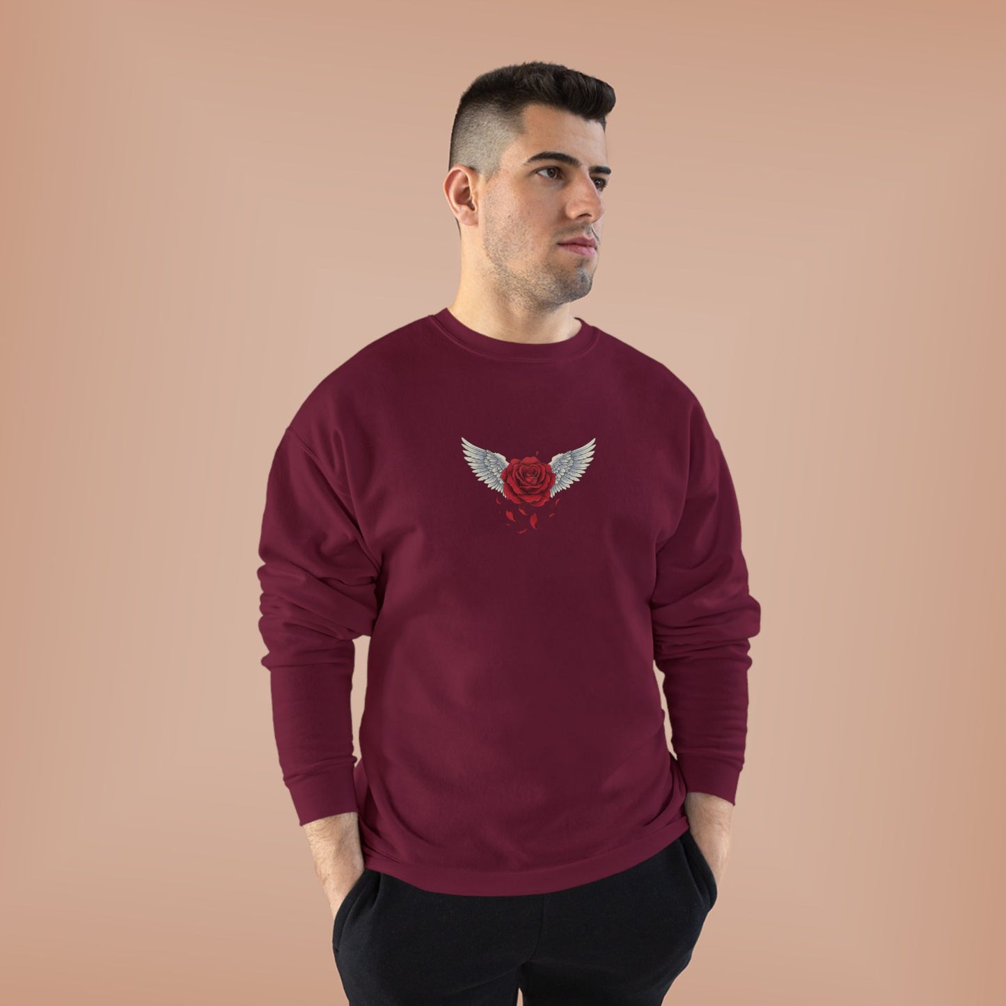 Crewneck Sweatshirt — Winged Heart Rose Chest Graphic