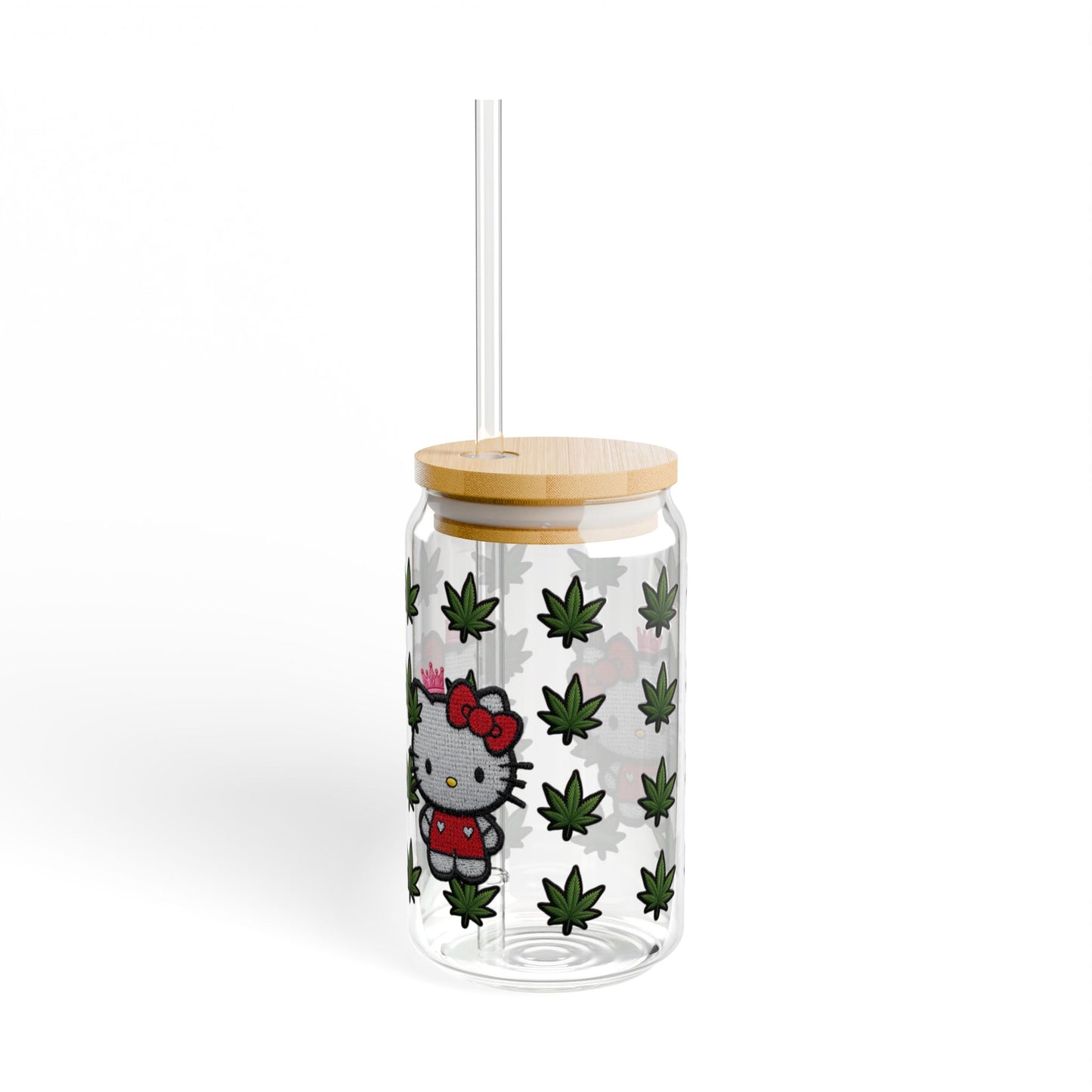 16oz pretty Sipper Glass with cannabis and hello kitty