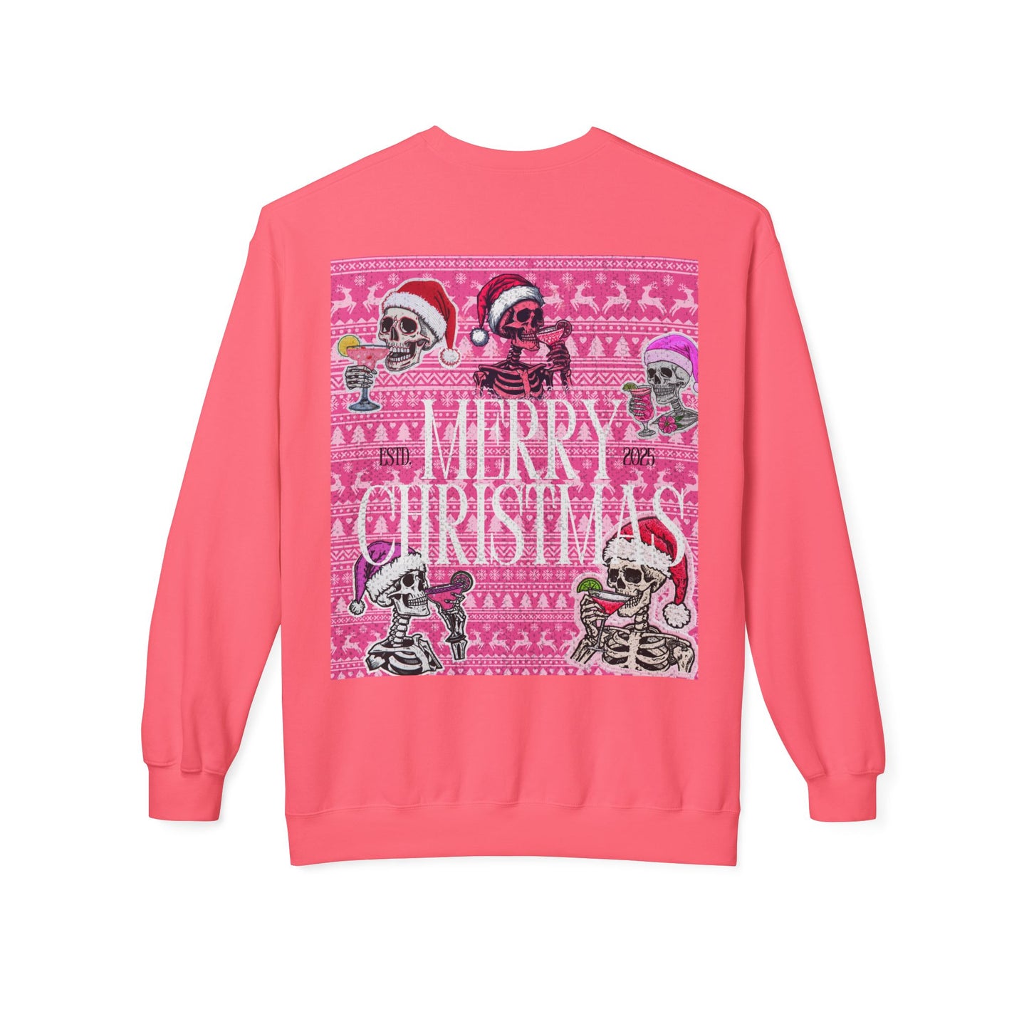 Christmas Skeleton Crewneck Sweatshirt — 'Merry Christmas' Pink Holiday Design