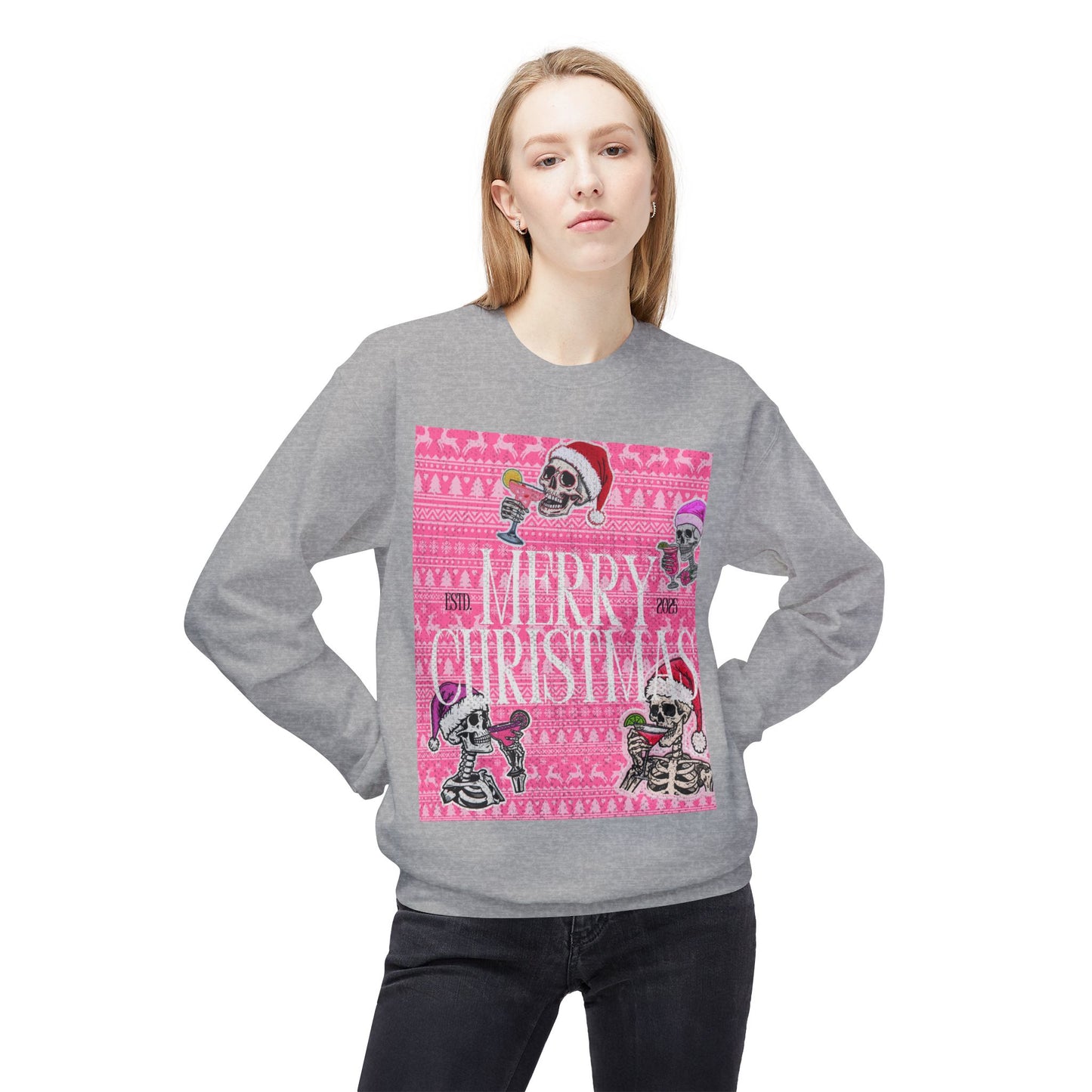 Christmas Skeleton Crewneck Sweatshirt — 'Merry Christmas' Pink Holiday Design