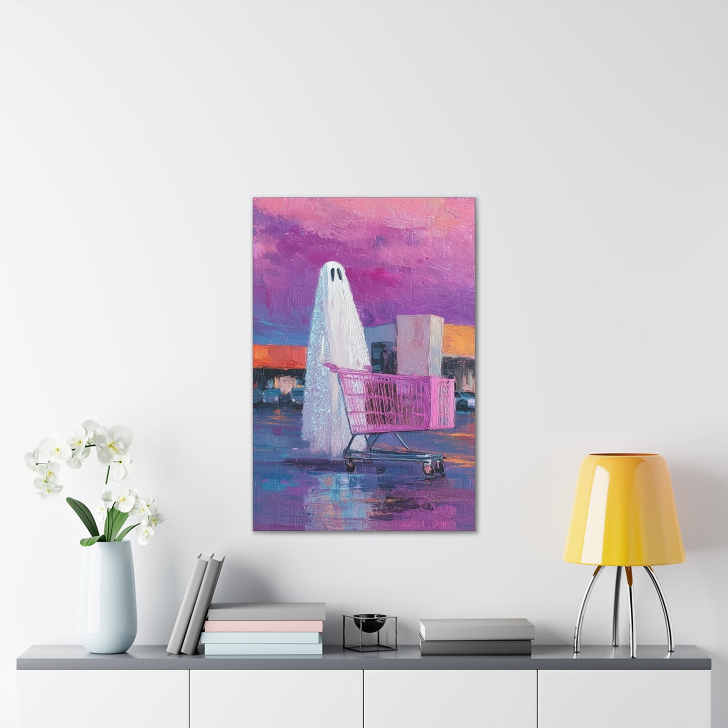 Ghost & Pink Shopping Cart Canvas Art — Whimsical home Wall Decor