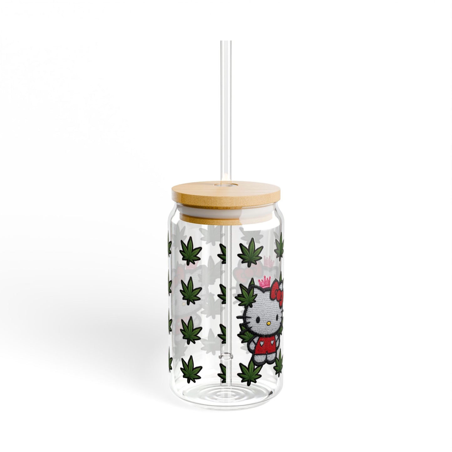 16oz pretty Sipper Glass with cannabis and hello kitty