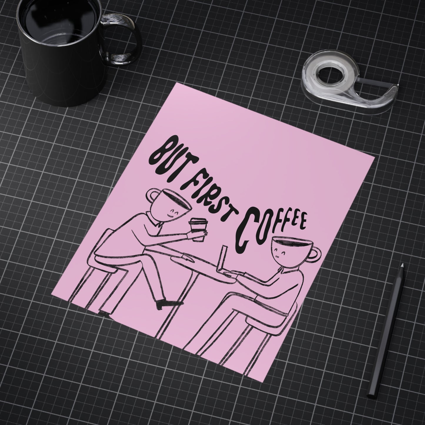 But First, Coffee — Art Print (People with Coffee Cup Heads, Pink Background)