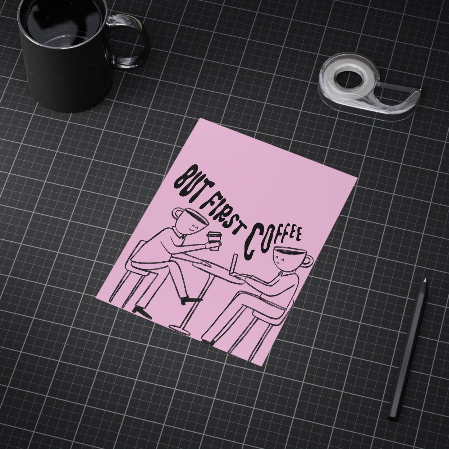 But First, Coffee — Art Print (People with Coffee Cup Heads, Pink Background)