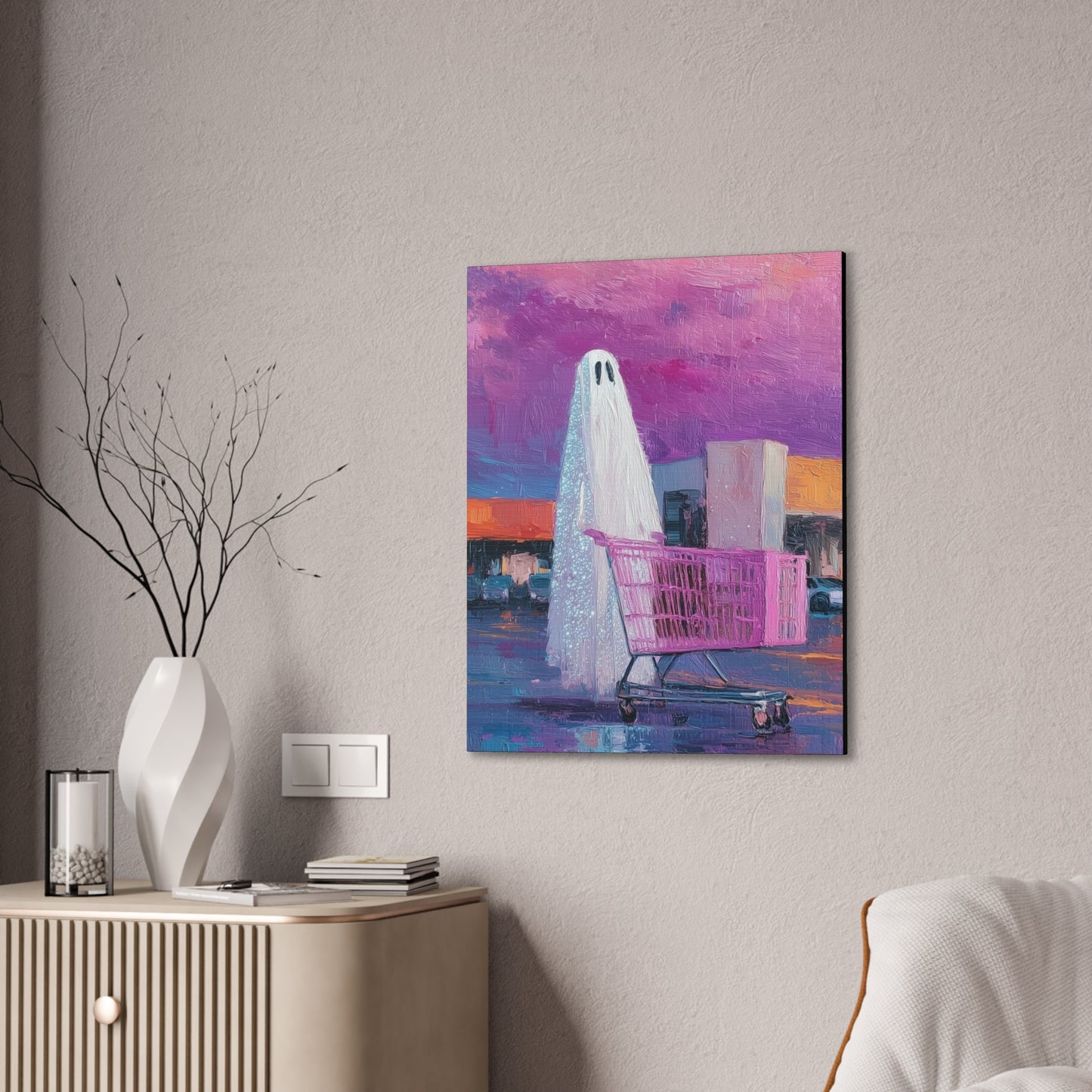 Ghost & Pink Shopping Cart Canvas Art — Whimsical home Wall Decor