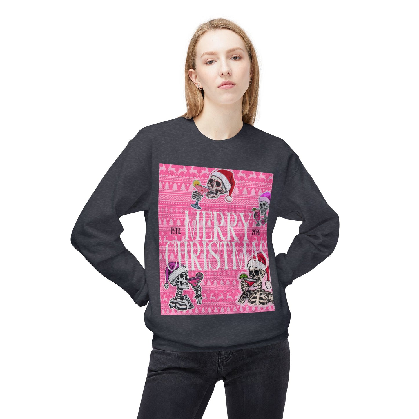 Christmas Skeleton Crewneck Sweatshirt — 'Merry Christmas' Pink Holiday Design