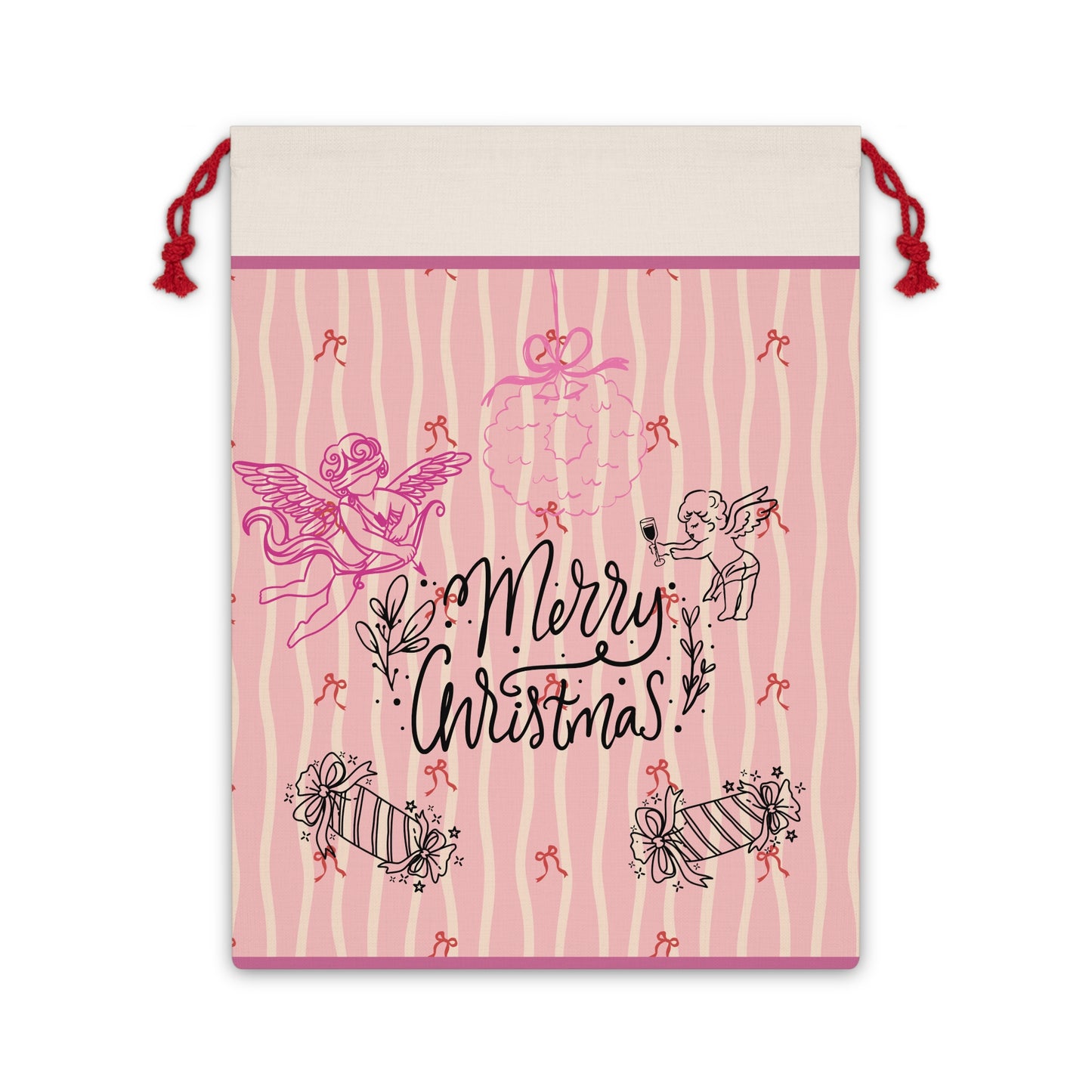 Christmas Drawstring Gift Bag — Pink Cherub 'Merry Christmas' Holiday Present Sack