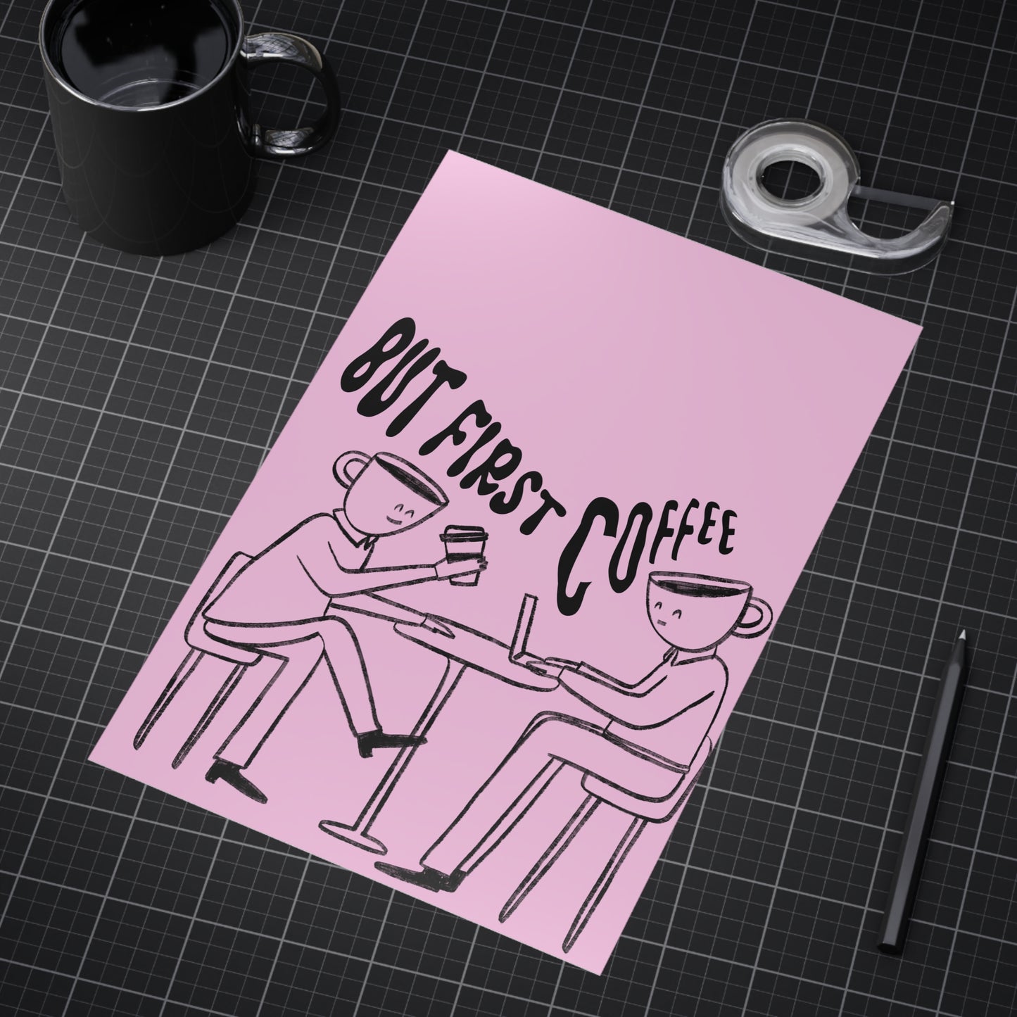 But First, Coffee — Art Print (People with Coffee Cup Heads, Pink Background)