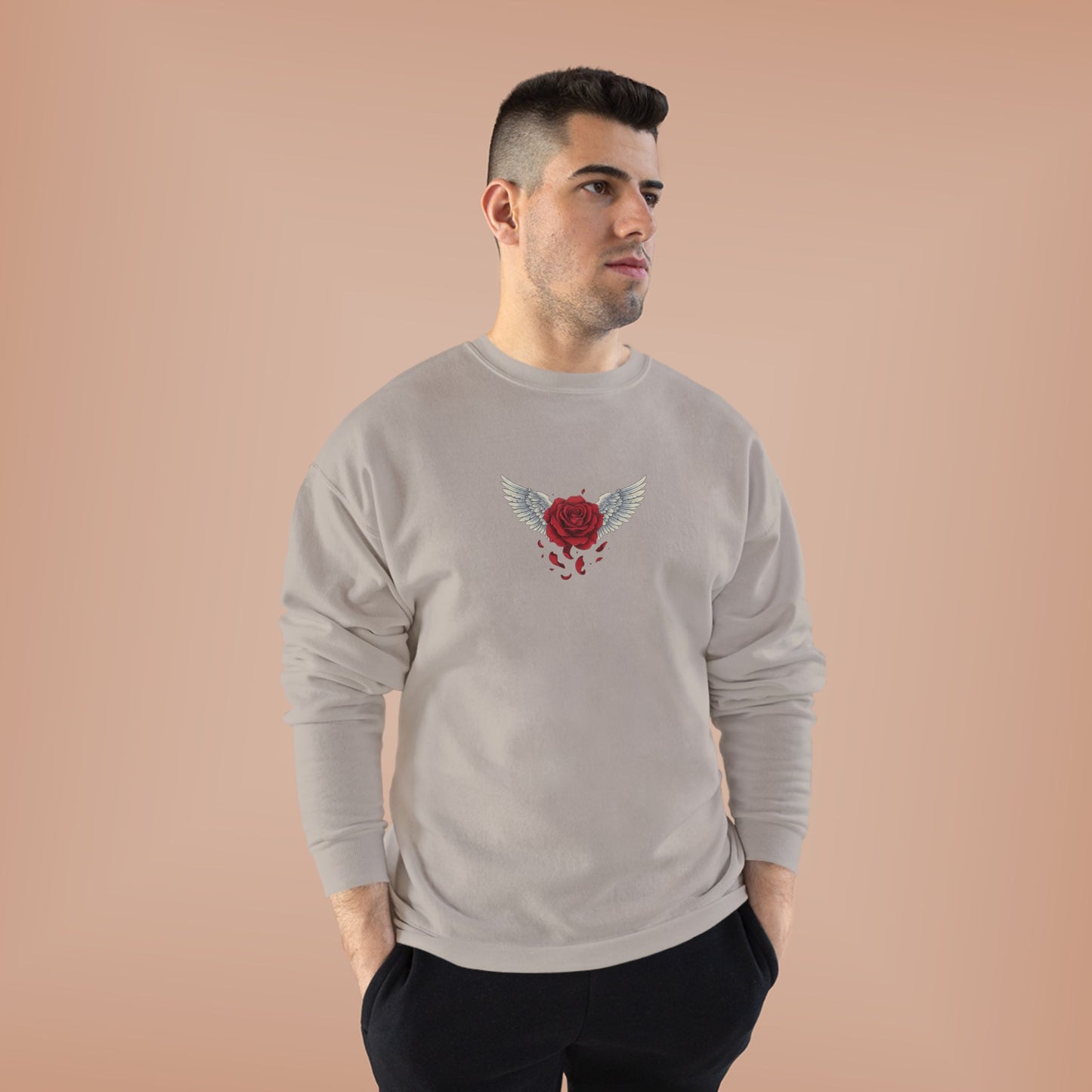 Crewneck Sweatshirt — Winged Heart Rose Chest Graphic