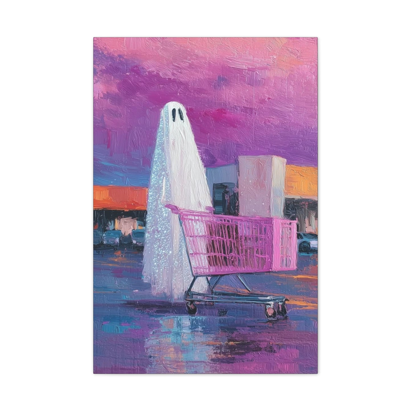 Ghost & Pink Shopping Cart Canvas Art — Whimsical home Wall Decor