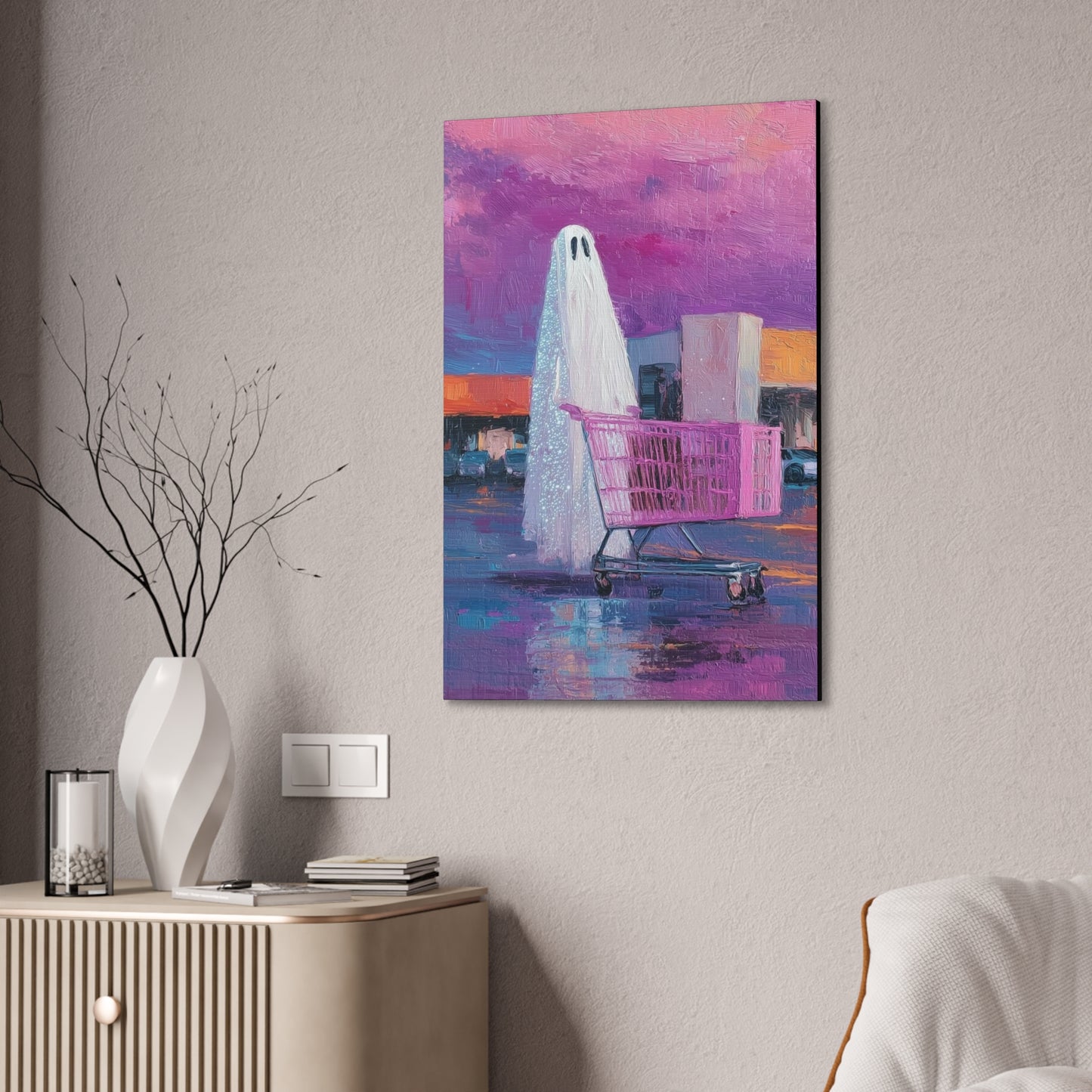 Ghost & Pink Shopping Cart Canvas Art — Whimsical home Wall Decor