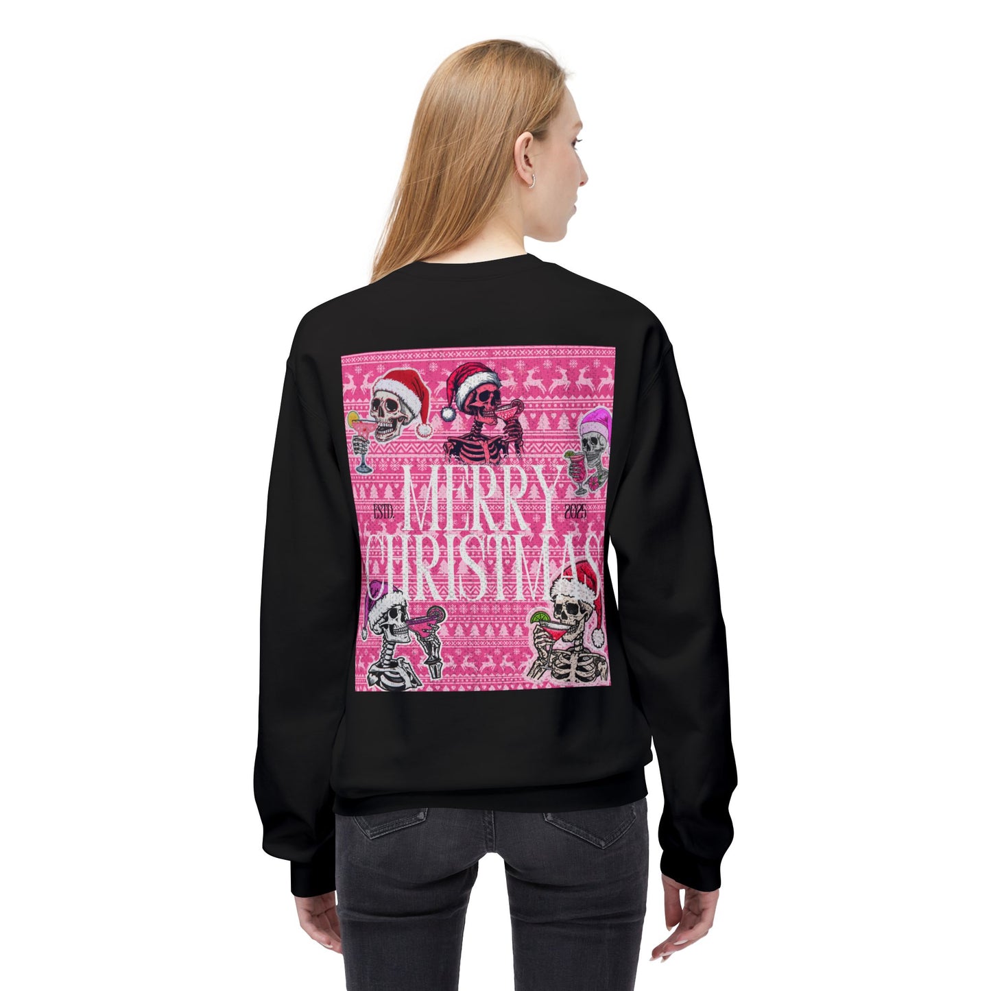 Christmas Skeleton Crewneck Sweatshirt — 'Merry Christmas' Pink Holiday Design