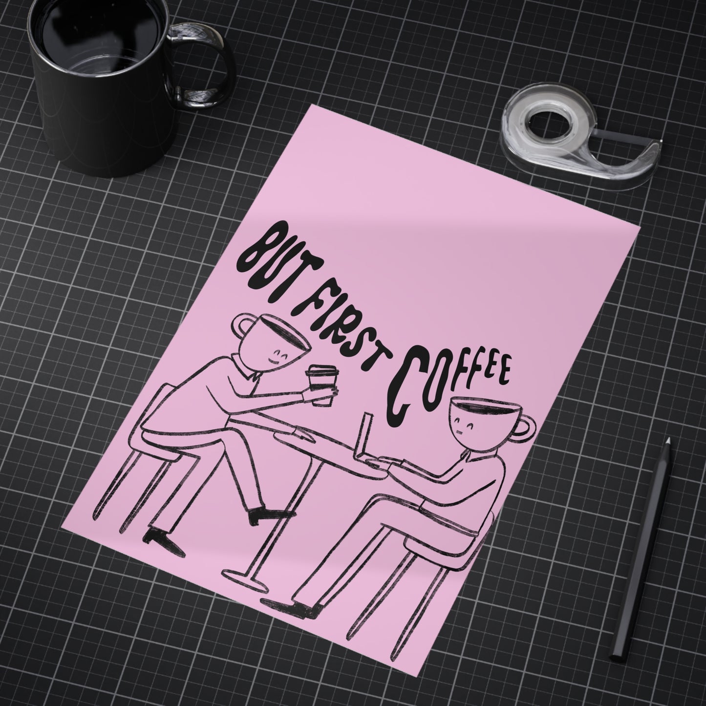 But First, Coffee — Art Print (People with Coffee Cup Heads, Pink Background)