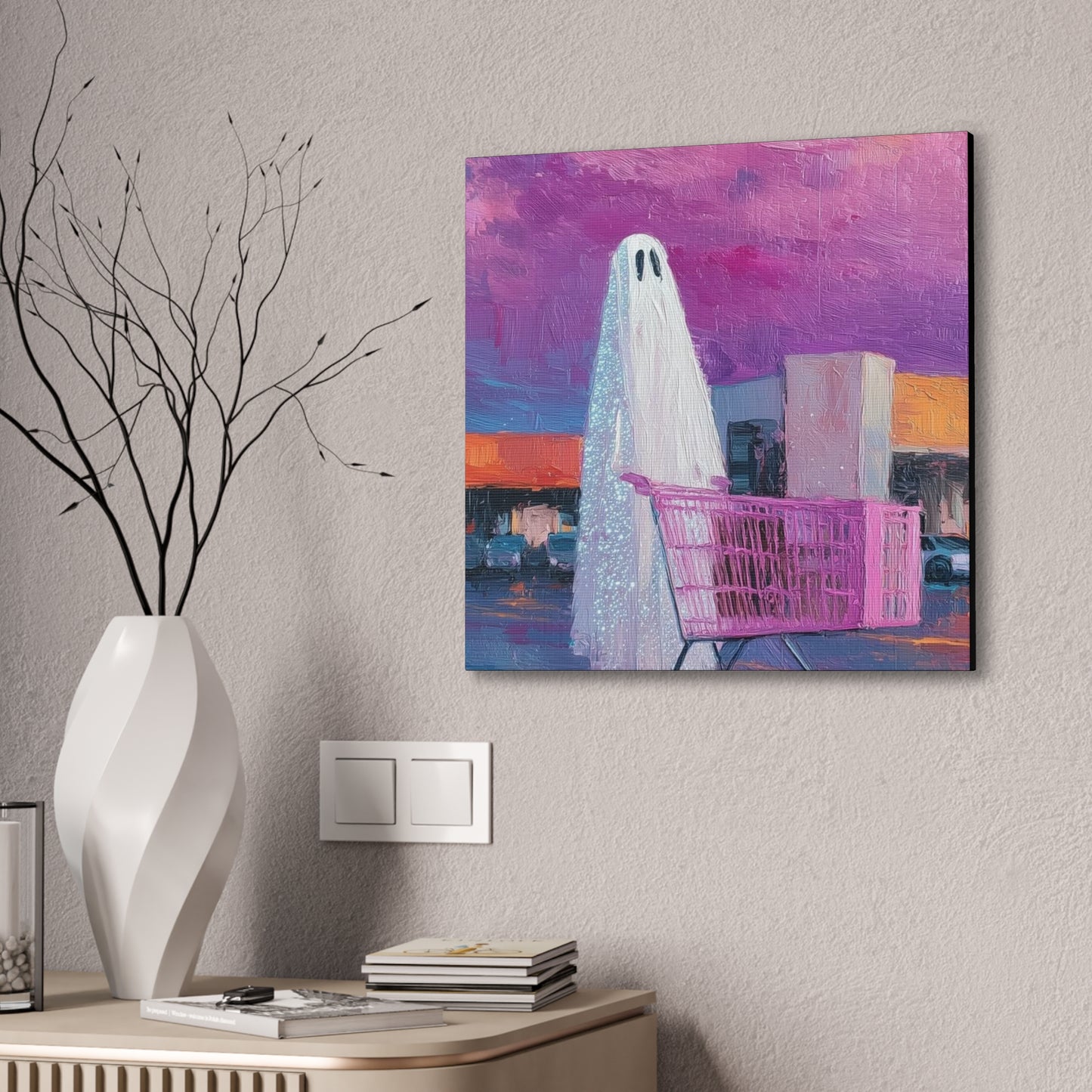 Ghost & Pink Shopping Cart Canvas Art — Whimsical home Wall Decor