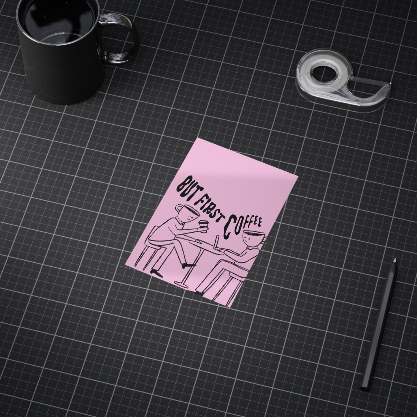 But First, Coffee — Art Print (People with Coffee Cup Heads, Pink Background)