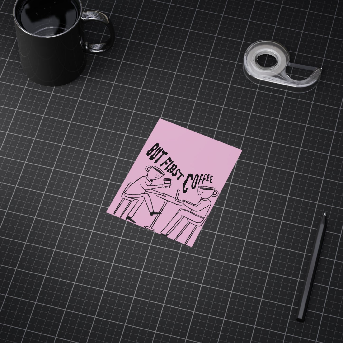 But First, Coffee — Art Print (People with Coffee Cup Heads, Pink Background)