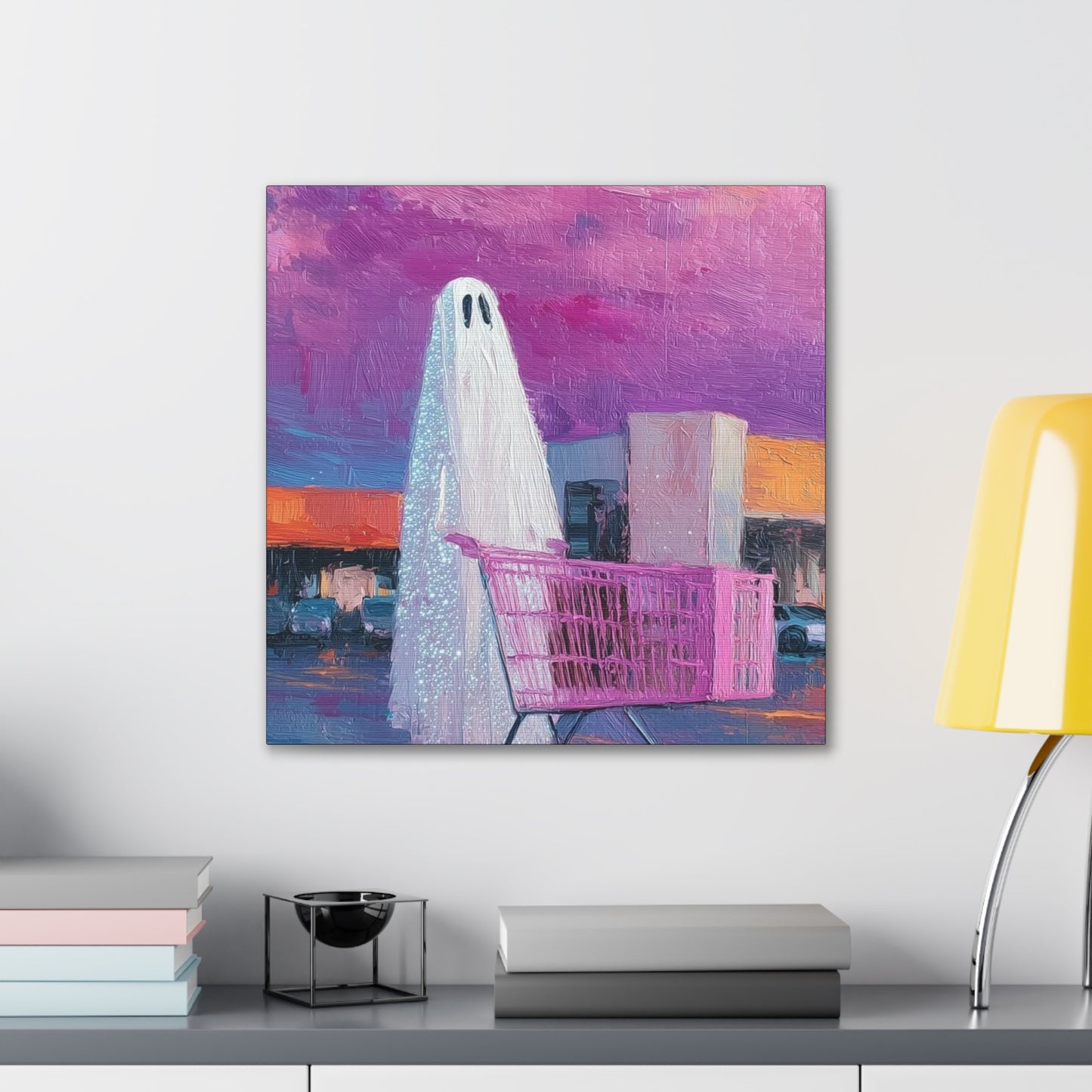 Ghost & Pink Shopping Cart Canvas Art — Whimsical home Wall Decor