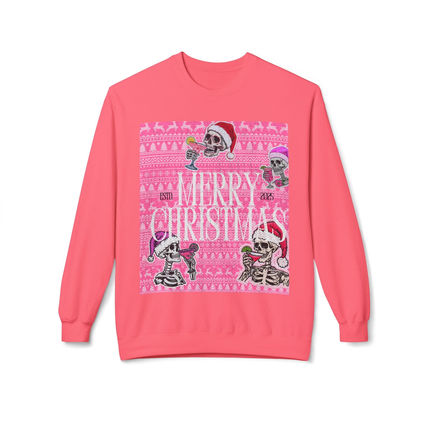 Christmas Skeleton Crewneck Sweatshirt — 'Merry Christmas' Pink Holiday Design