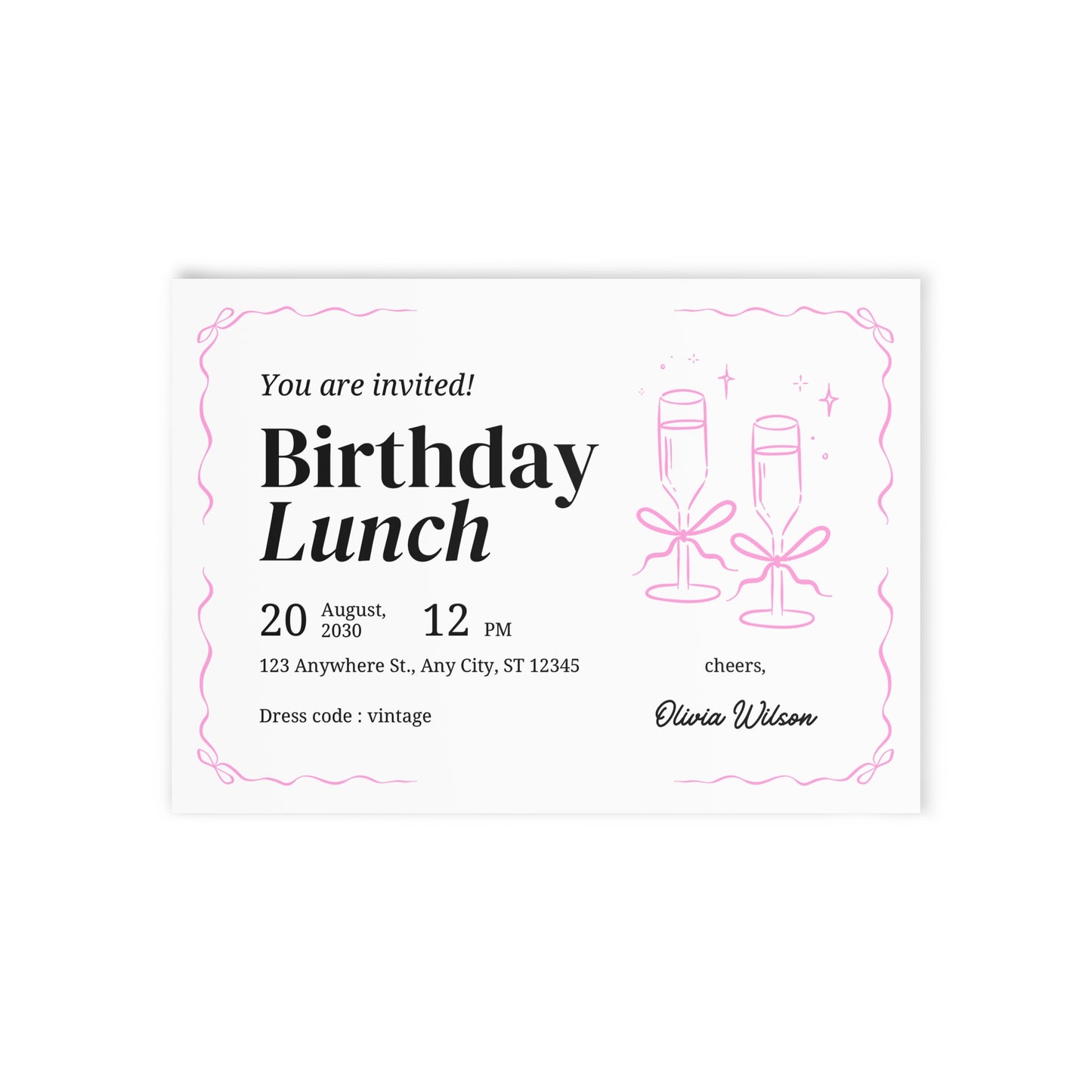 Birthday Lunch Invitation Card — Pink Champagne Toast Two-Sided Holiday Card