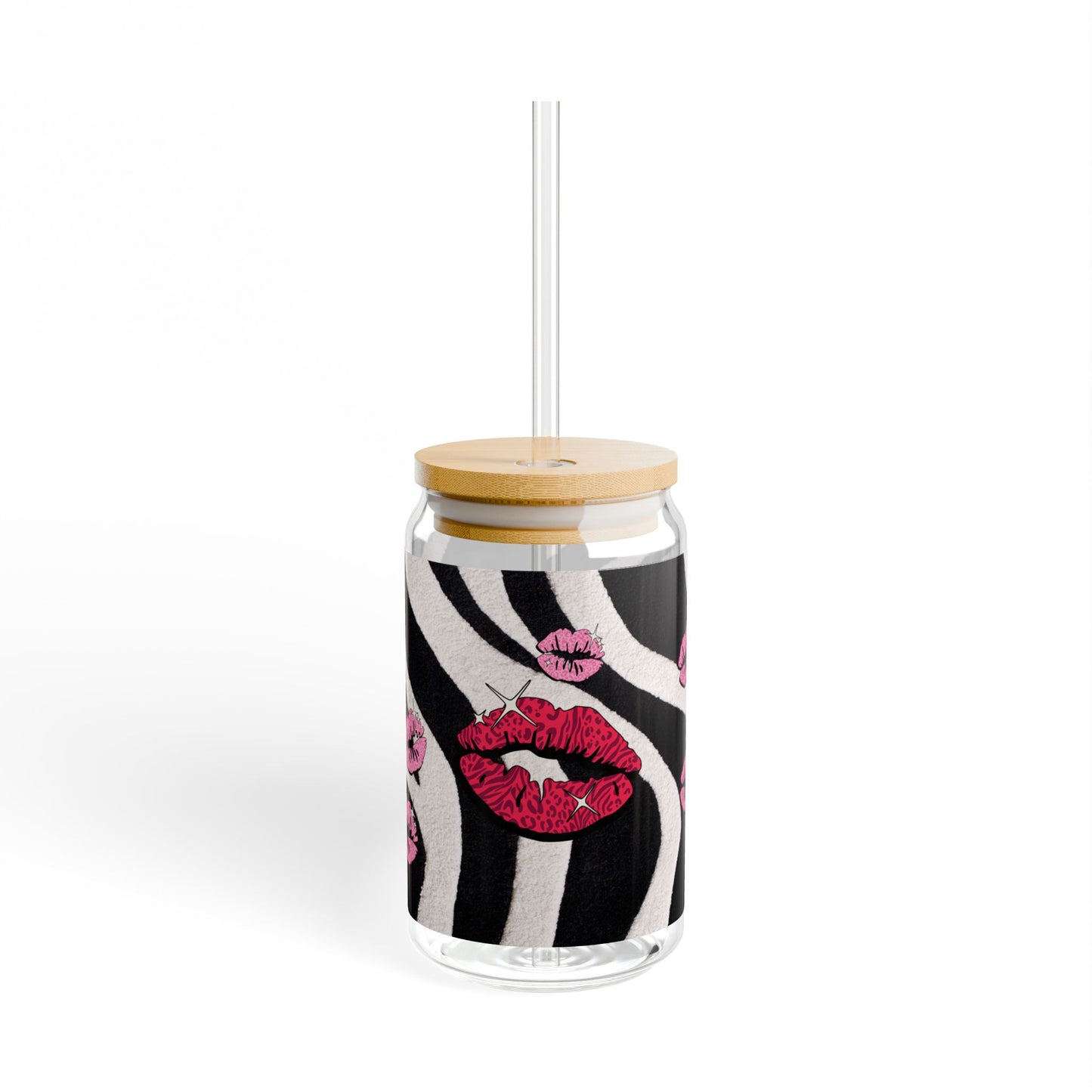 16oz pretty Sipper Glass with Zebra Print & Pink Lip Kiss Design