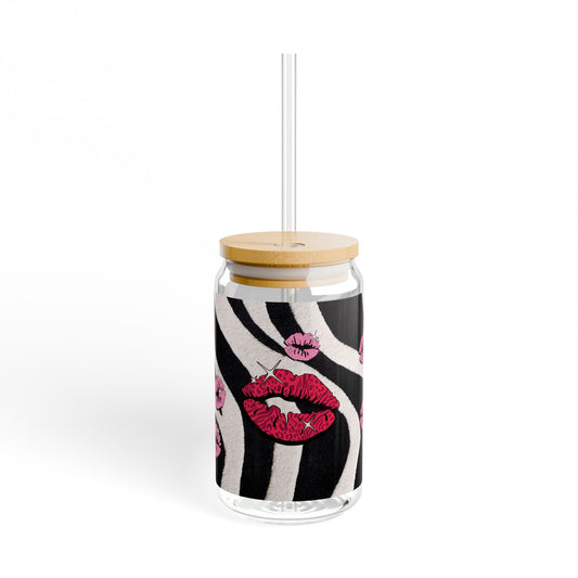 16oz pretty Sipper Glass with Zebra Print & Pink Lip Kiss Design