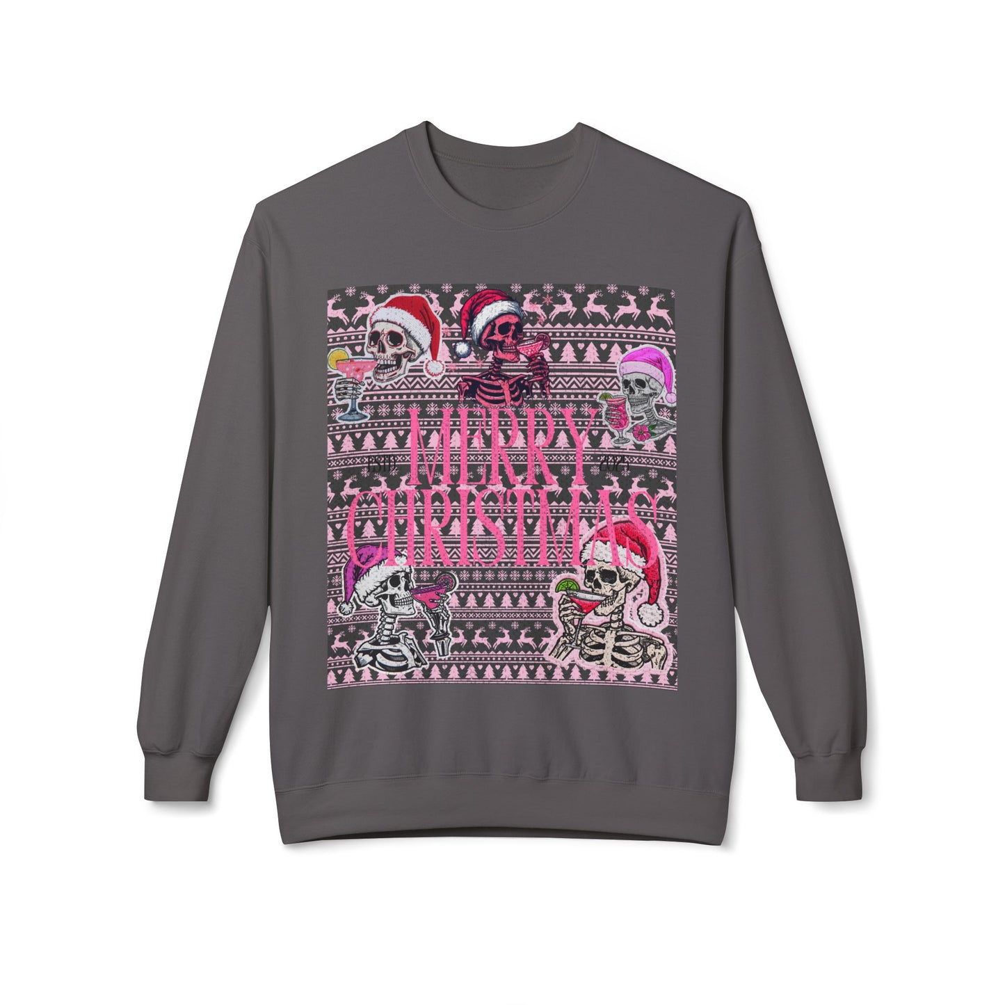 Christmas Skeleton Crewneck Sweatshirt — 'Merry Christmas' Pink Holiday Design