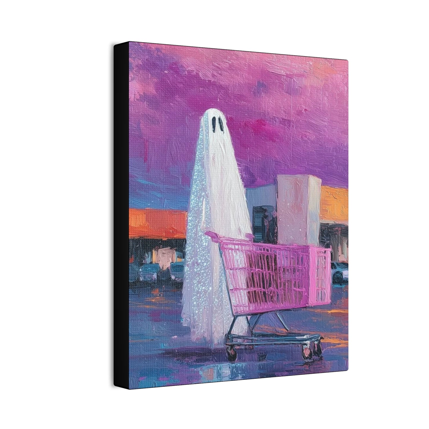Ghost & Pink Shopping Cart Canvas Art — Whimsical home Wall Decor