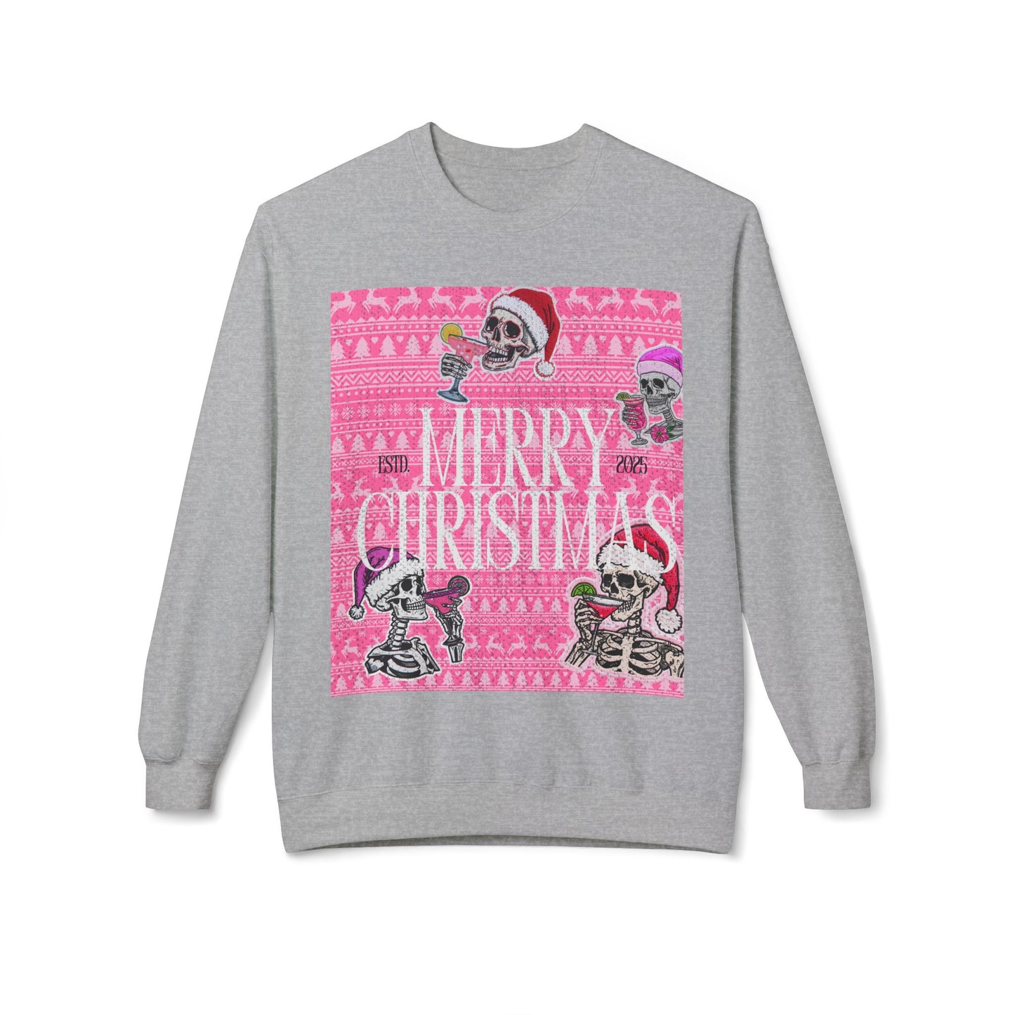 Christmas Skeleton Crewneck Sweatshirt — 'Merry Christmas' Pink Holiday Design
