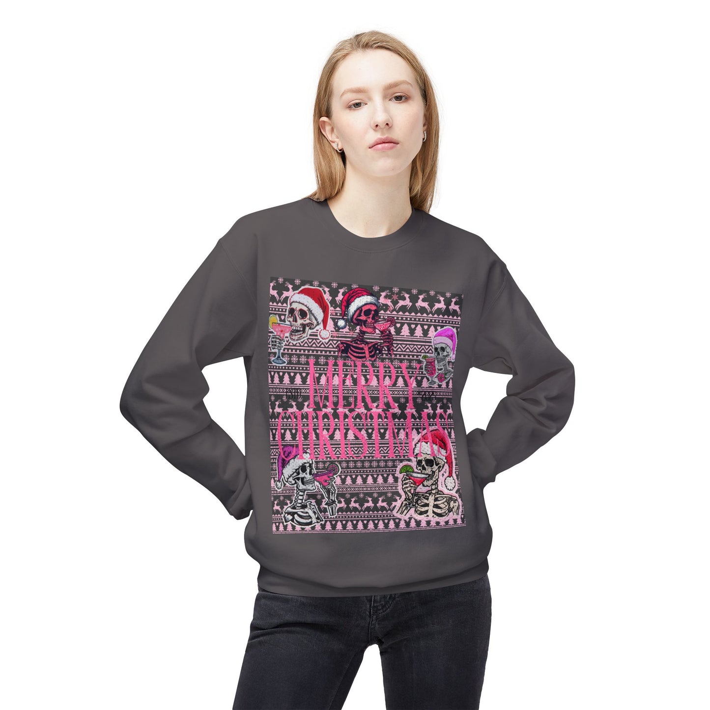 Christmas Skeleton Crewneck Sweatshirt — 'Merry Christmas' Pink Holiday Design