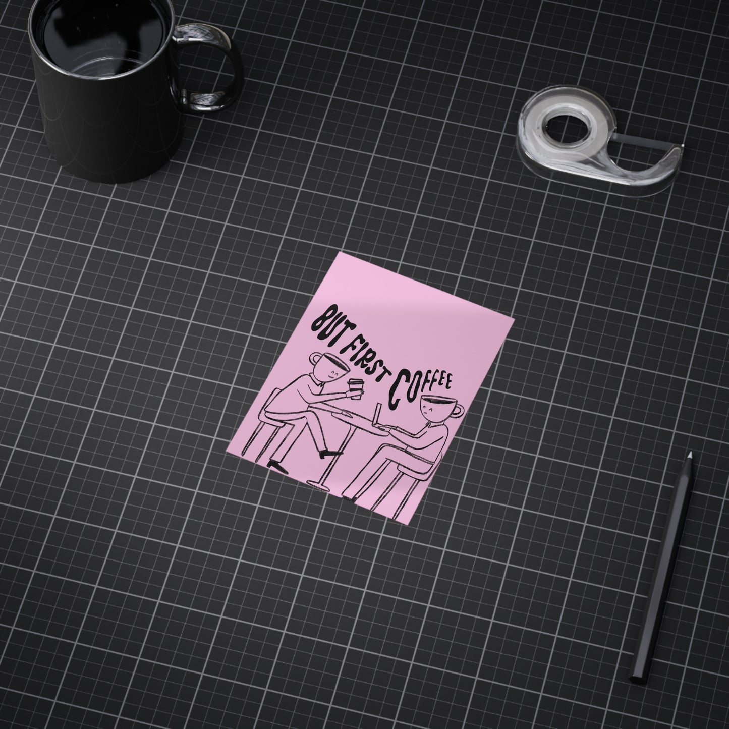 But First, Coffee — Art Print (People with Coffee Cup Heads, Pink Background)