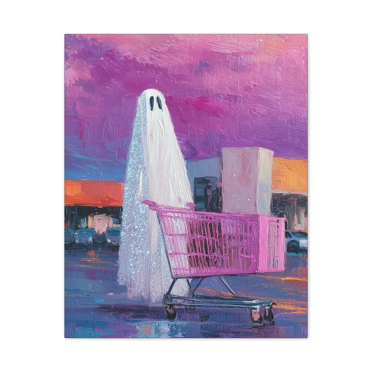 Ghost & Pink Shopping Cart Canvas Art — Whimsical home Wall Decor