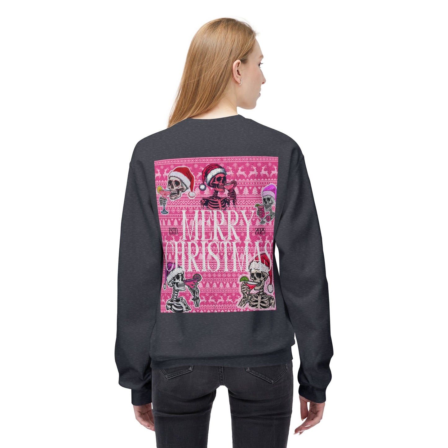 Christmas Skeleton Crewneck Sweatshirt — 'Merry Christmas' Pink Holiday Design