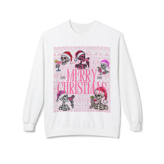 Christmas Skeleton Crewneck Sweatshirt — 'Merry Christmas' Pink Holiday Design