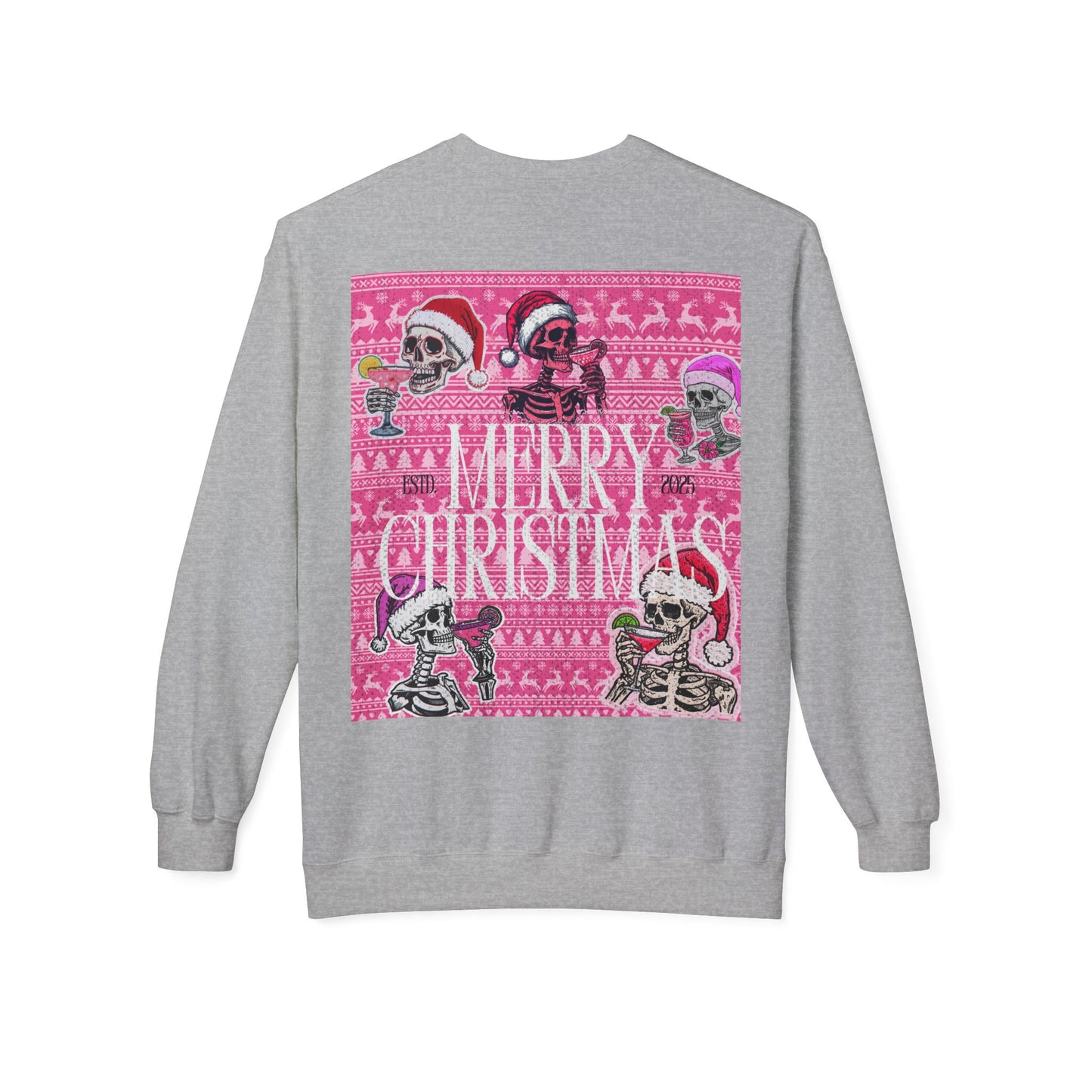 Christmas Skeleton Crewneck Sweatshirt — 'Merry Christmas' Pink Holiday Design