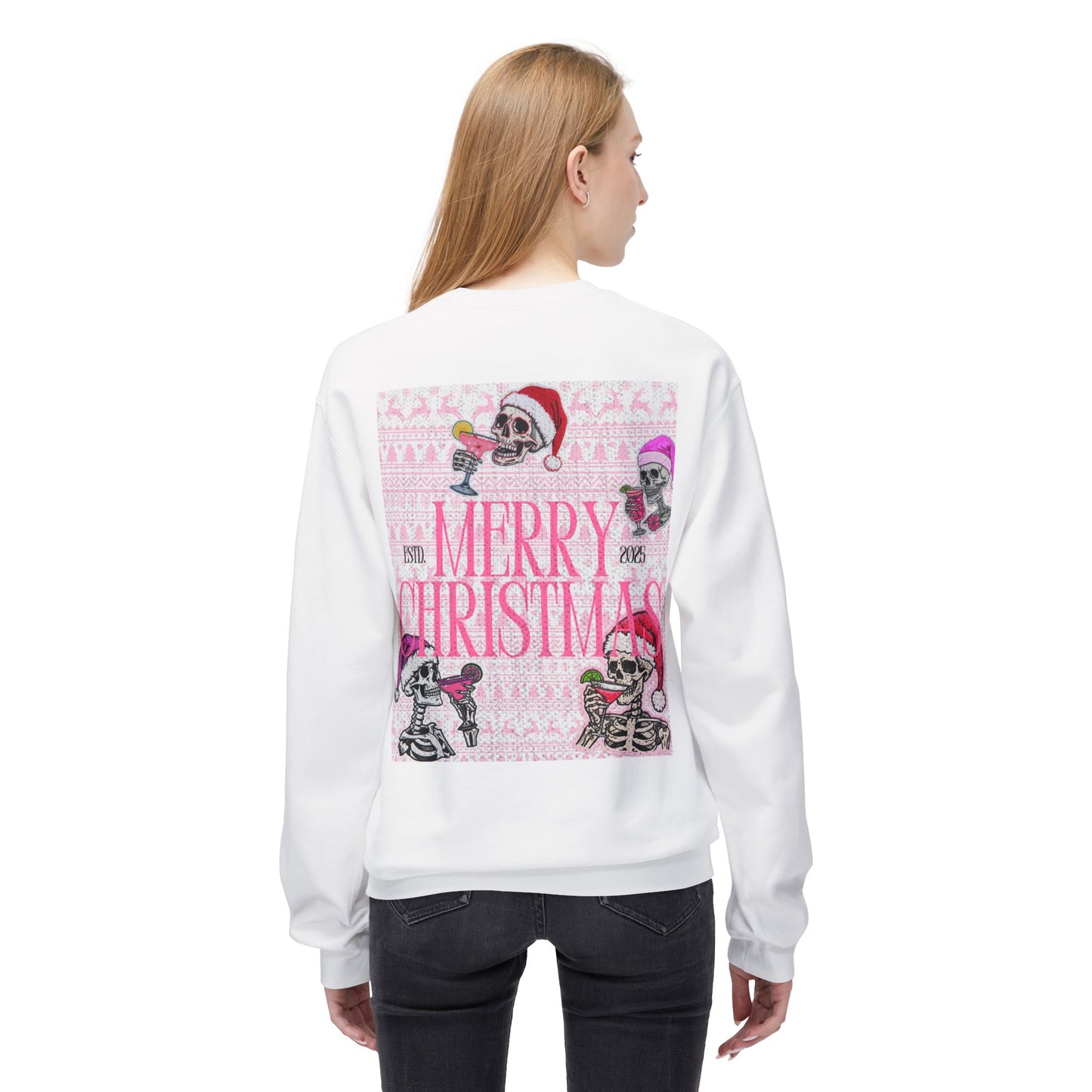 Christmas Skeleton Crewneck Sweatshirt — 'Merry Christmas' Pink Holiday Design