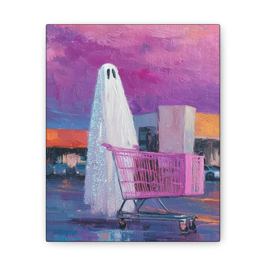 Ghost & Pink Shopping Cart Canvas Art — Whimsical home Wall Decor