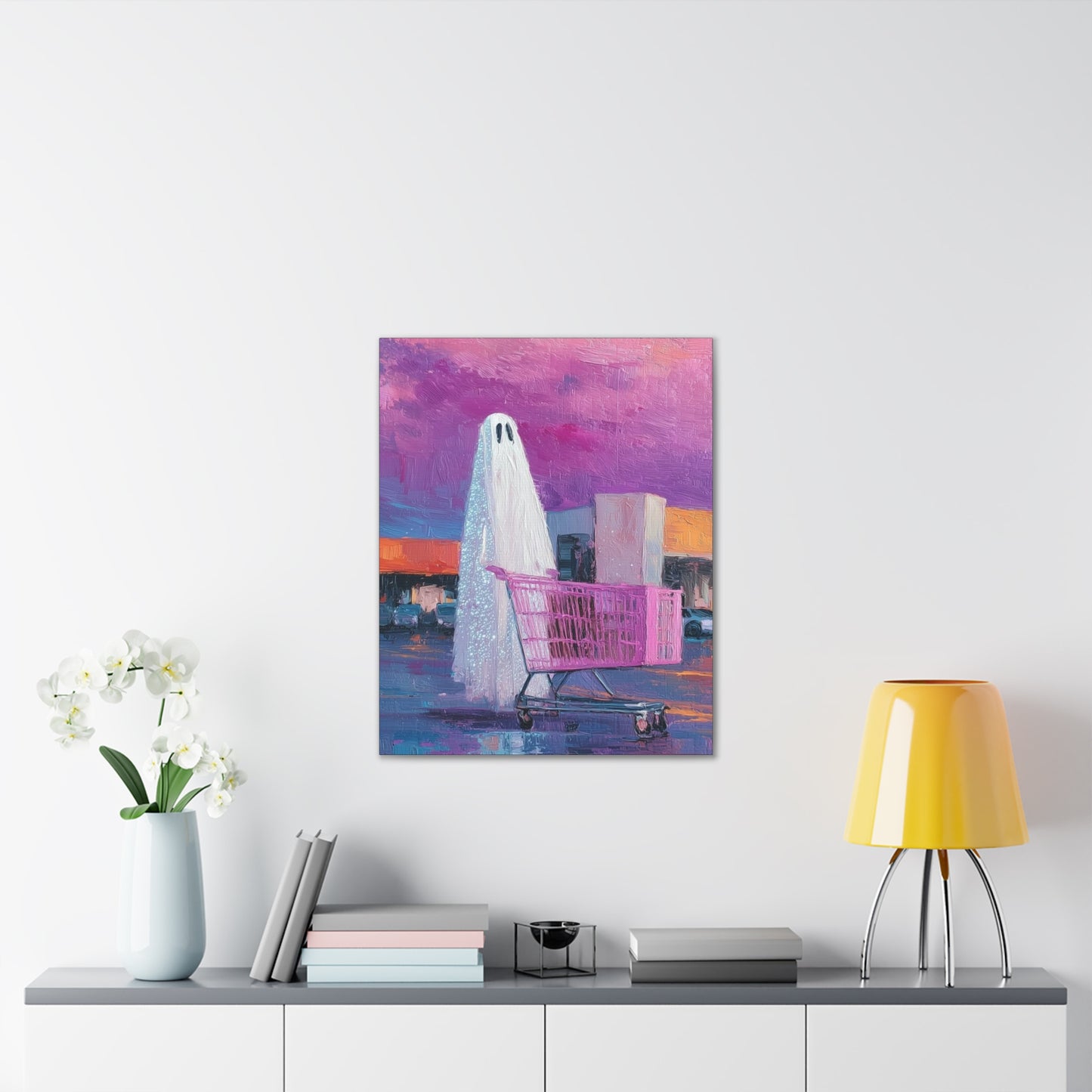 Ghost & Pink Shopping Cart Canvas Art — Whimsical home Wall Decor