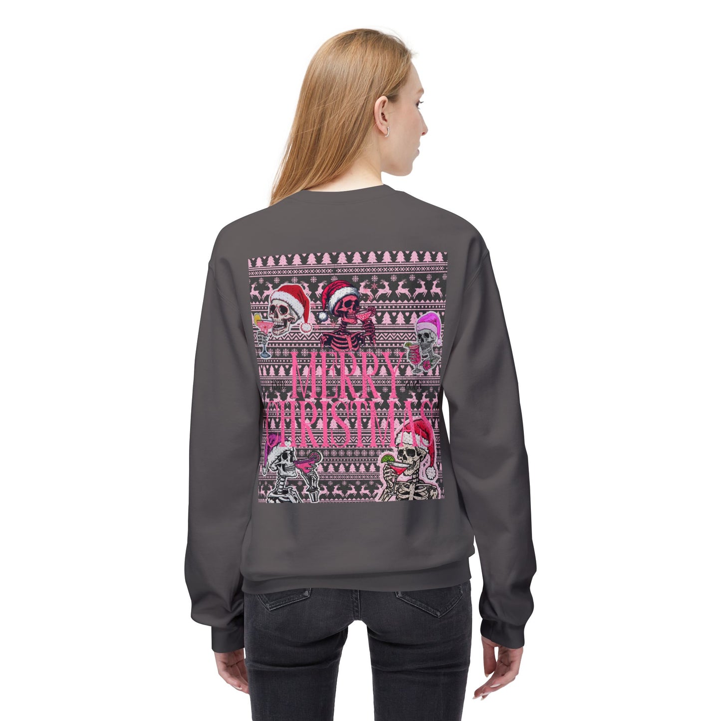 Christmas Skeleton Crewneck Sweatshirt — 'Merry Christmas' Pink Holiday Design