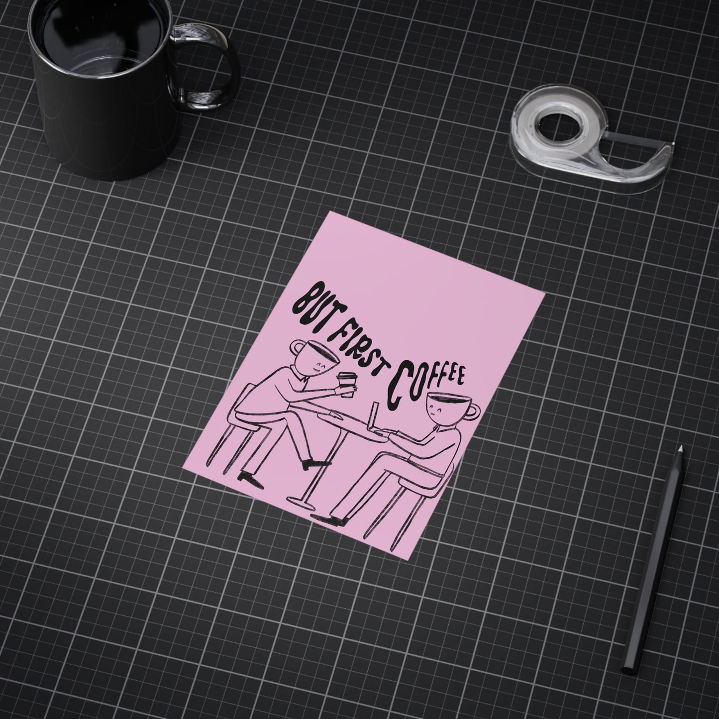 But First, Coffee — Art Print (People with Coffee Cup Heads, Pink Background)