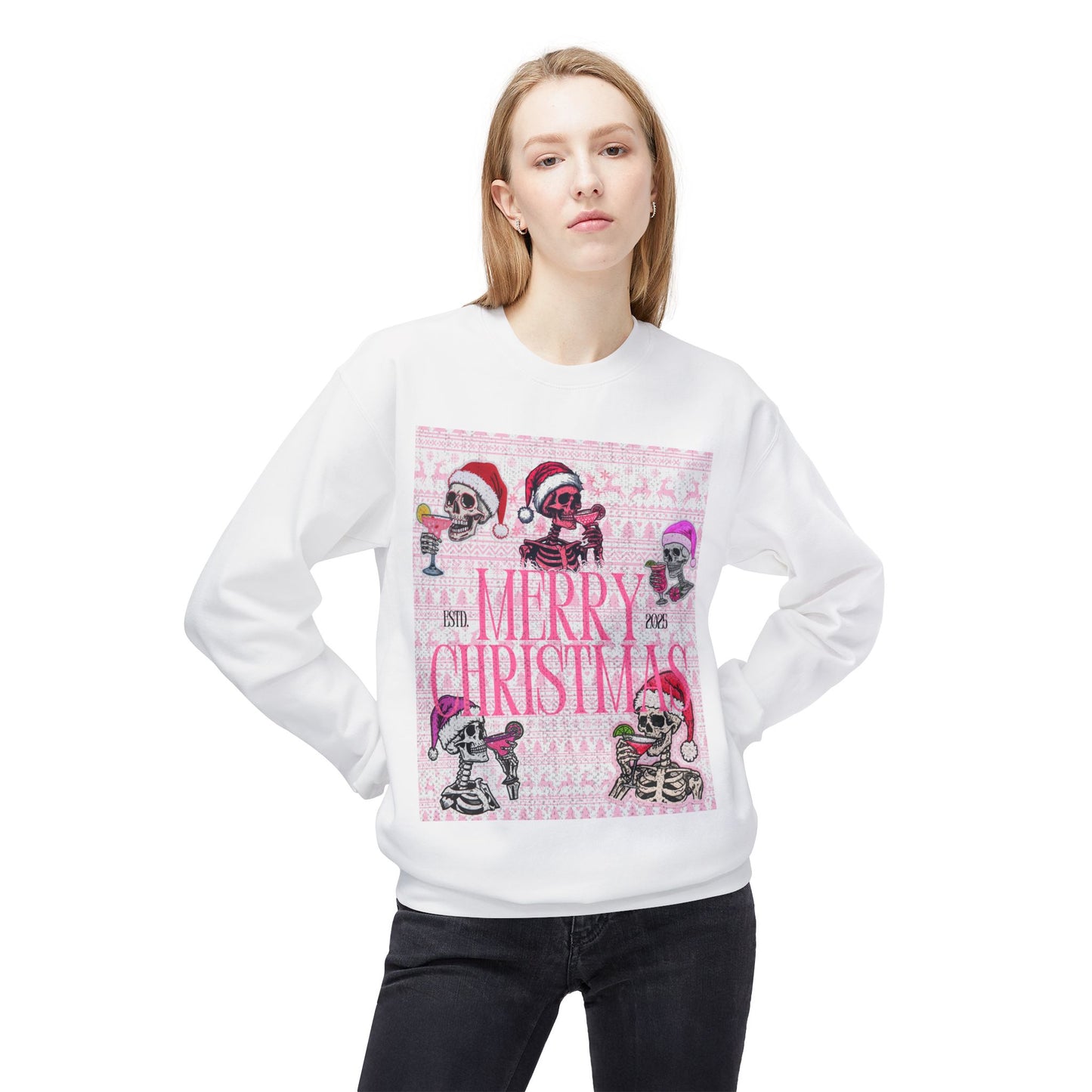 Christmas Skeleton Crewneck Sweatshirt — 'Merry Christmas' Pink Holiday Design