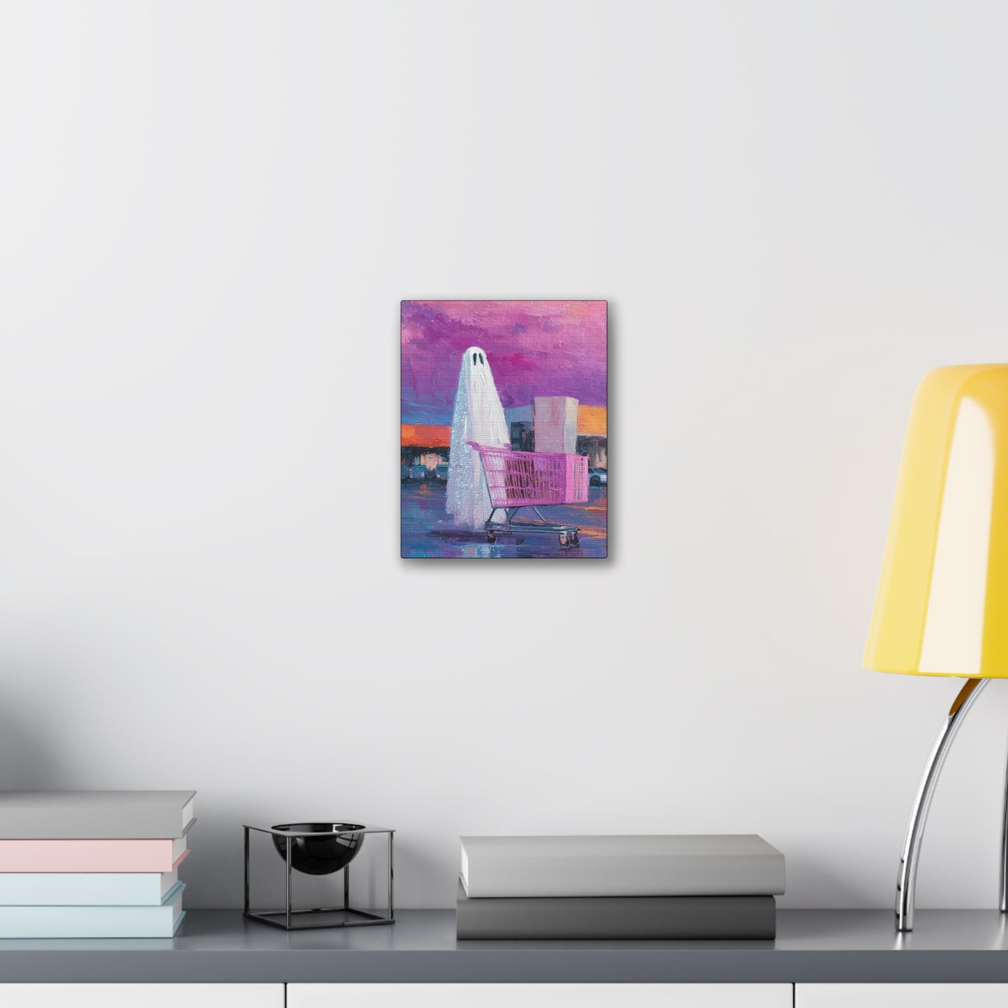 Ghost & Pink Shopping Cart Canvas Art — Whimsical home Wall Decor