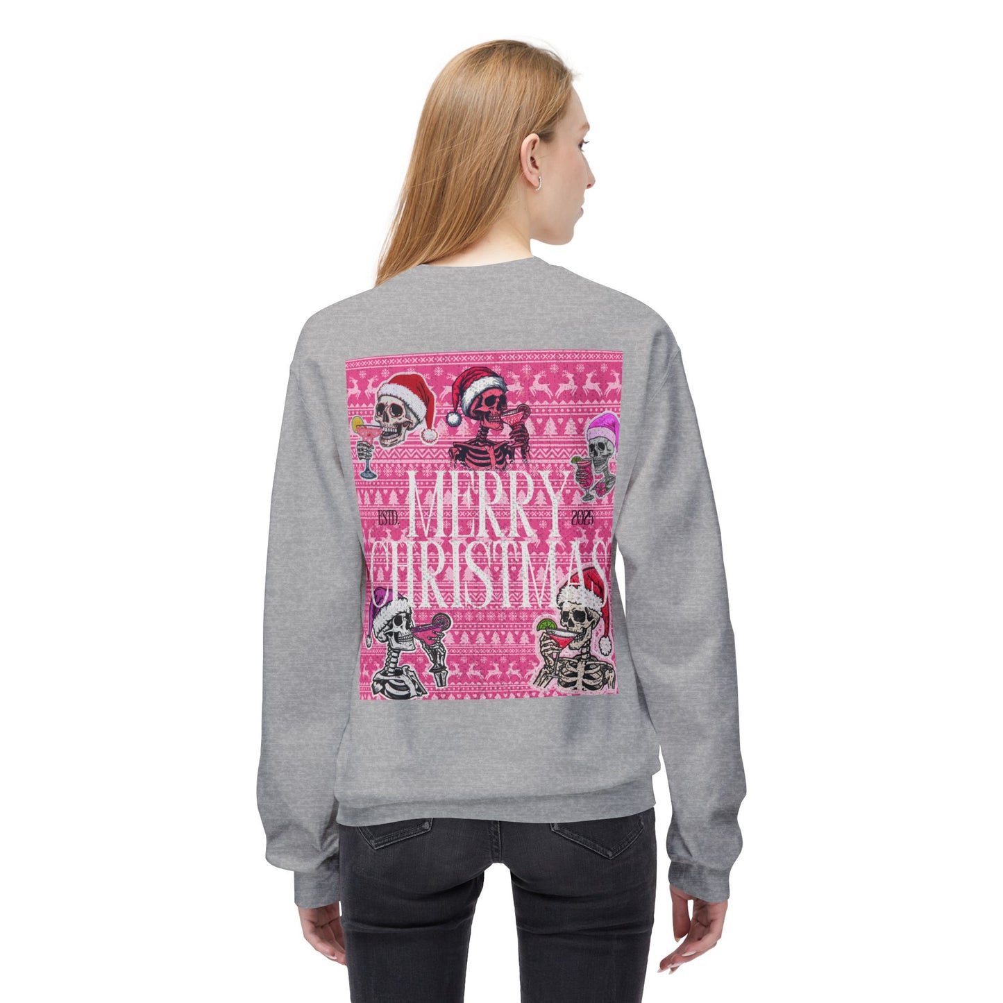 Christmas Skeleton Crewneck Sweatshirt — 'Merry Christmas' Pink Holiday Design